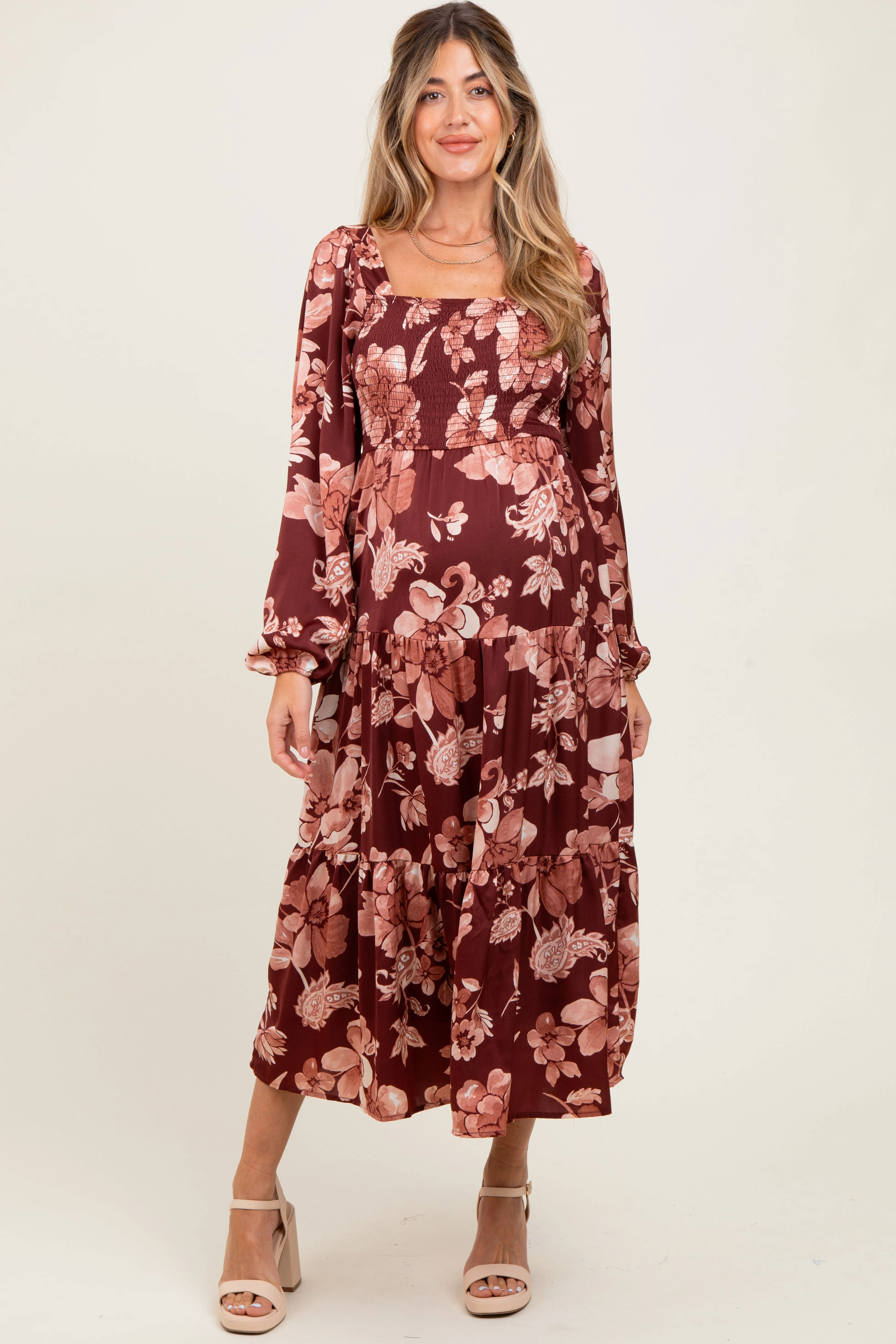 Burgundy Floral Smocked Long Sleeve Maternity Midi Dress sold by Pinkblush