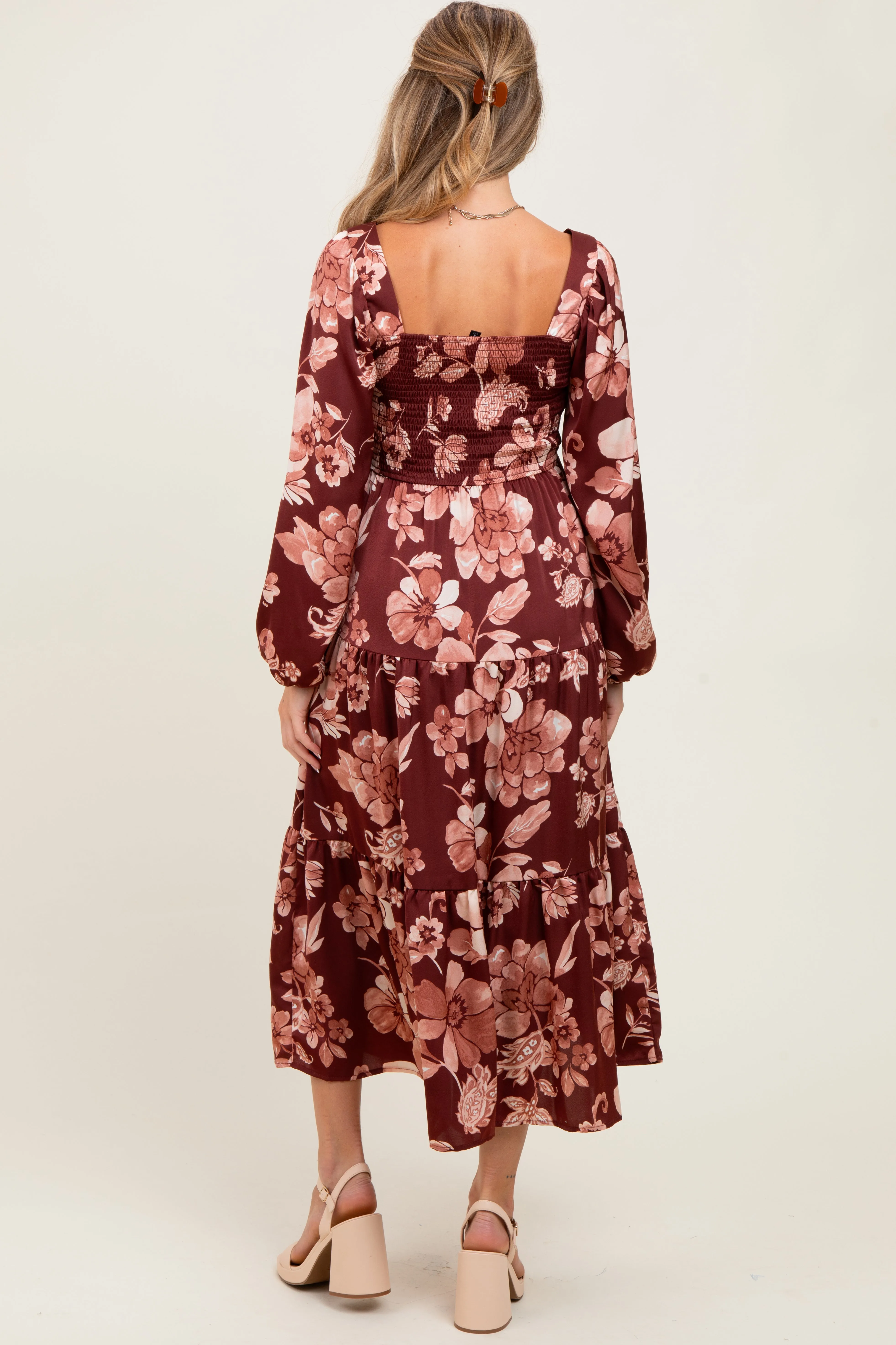 Burgundy Floral Smocked Long Sleeve Maternity Midi Dress sold by Pinkblush product image thumbnail 4