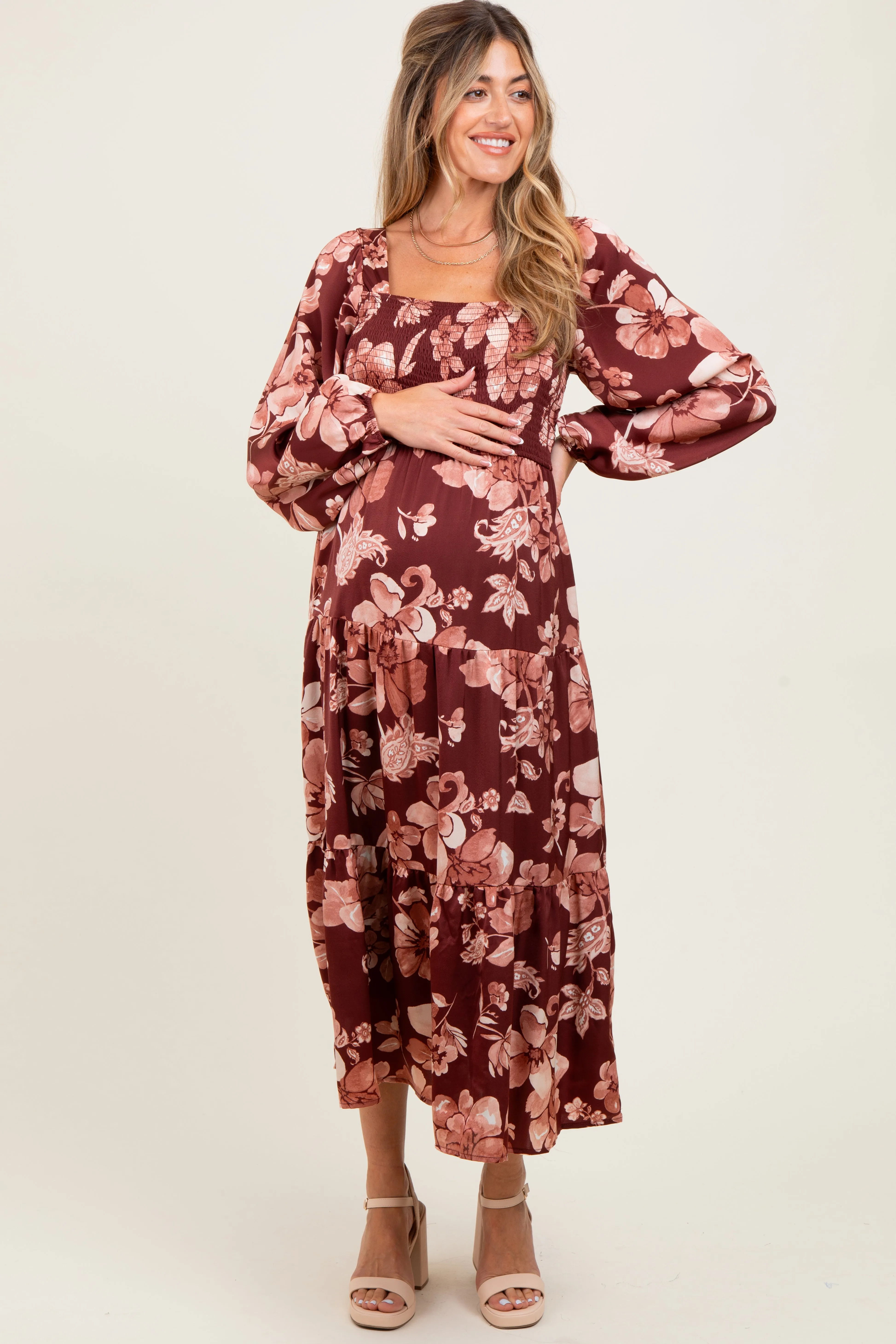 Burgundy Floral Smocked Long Sleeve Maternity Midi Dress sold by Pinkblush product image thumbnail 2