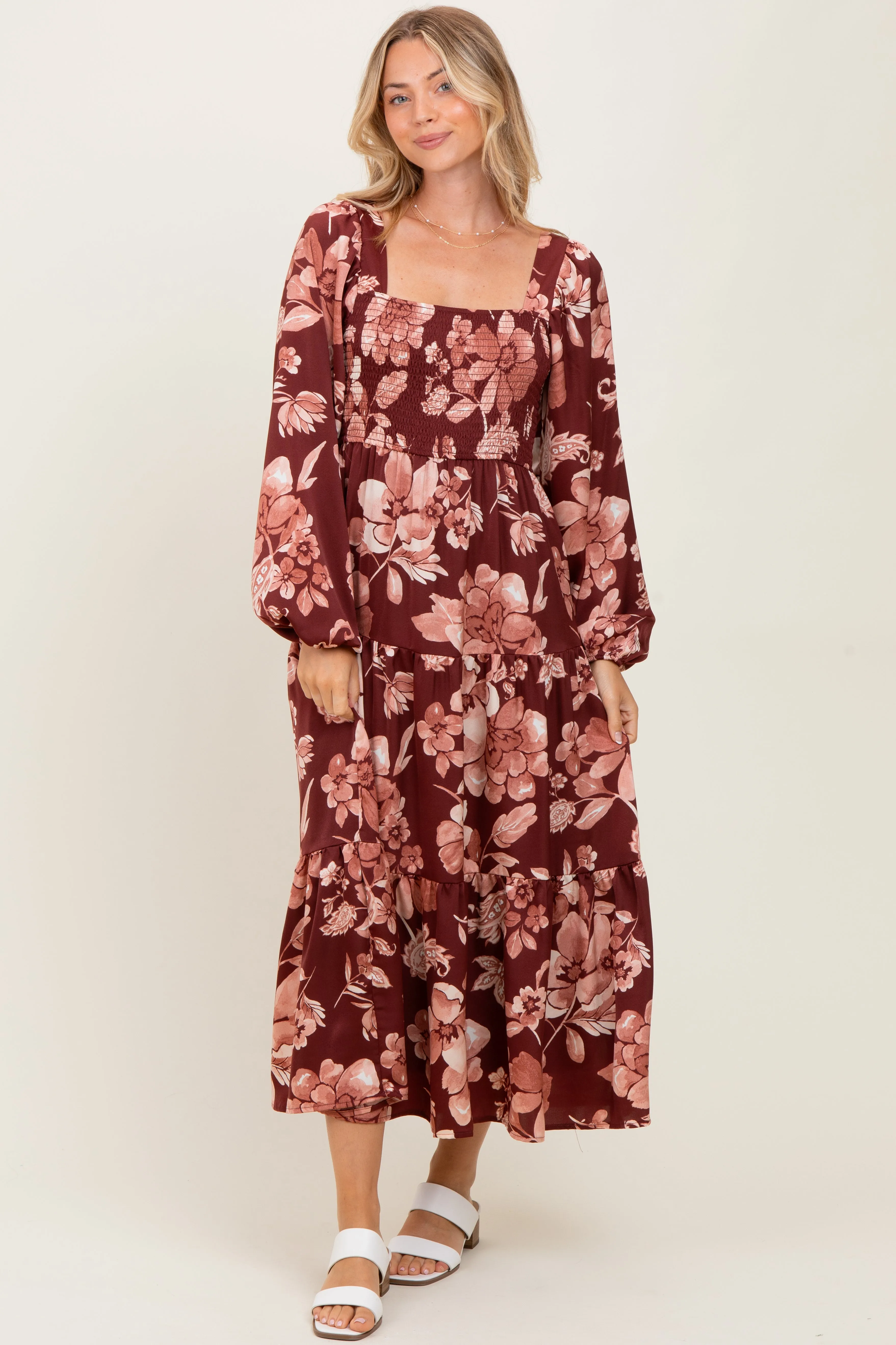 Burgundy Floral Smocked Long Sleeve Maternity Midi Dress sold by Pinkblush product image thumbnail 5