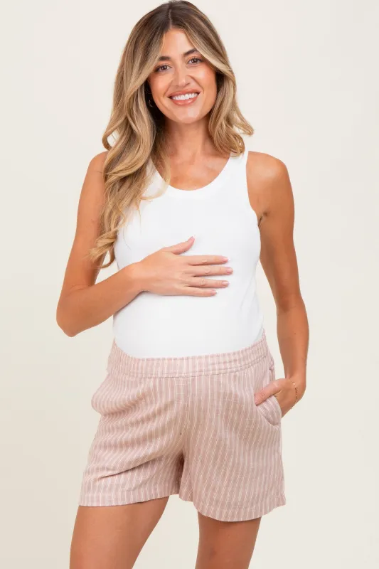 Beige Striped Linen Blend Maternity Shorts sold by Pinkblush