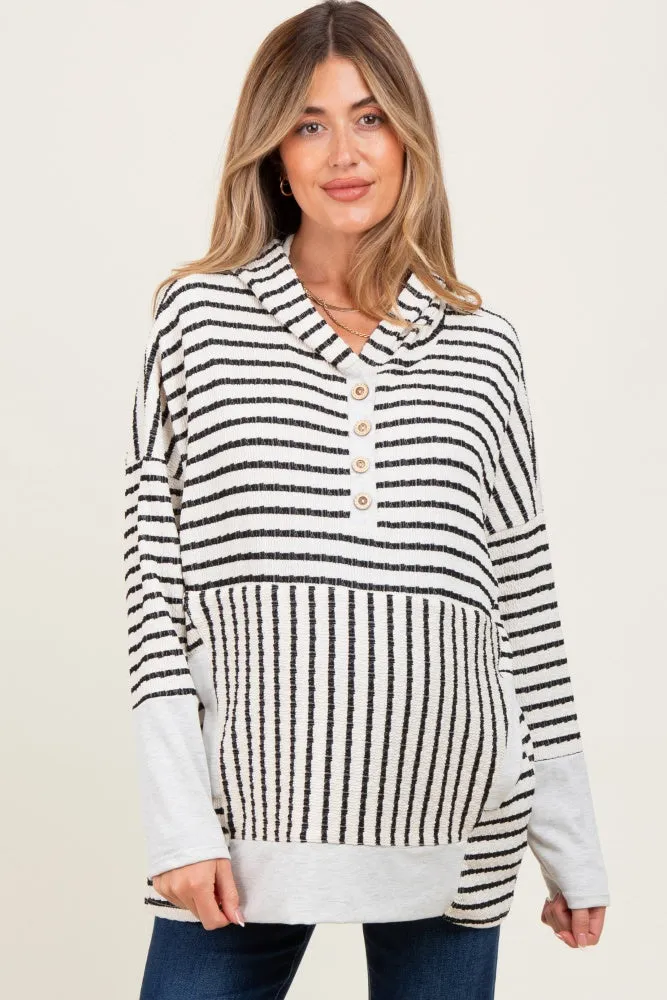 Cream Textured Stripe Button Up Maternity Hoodie sold by Pinkblush