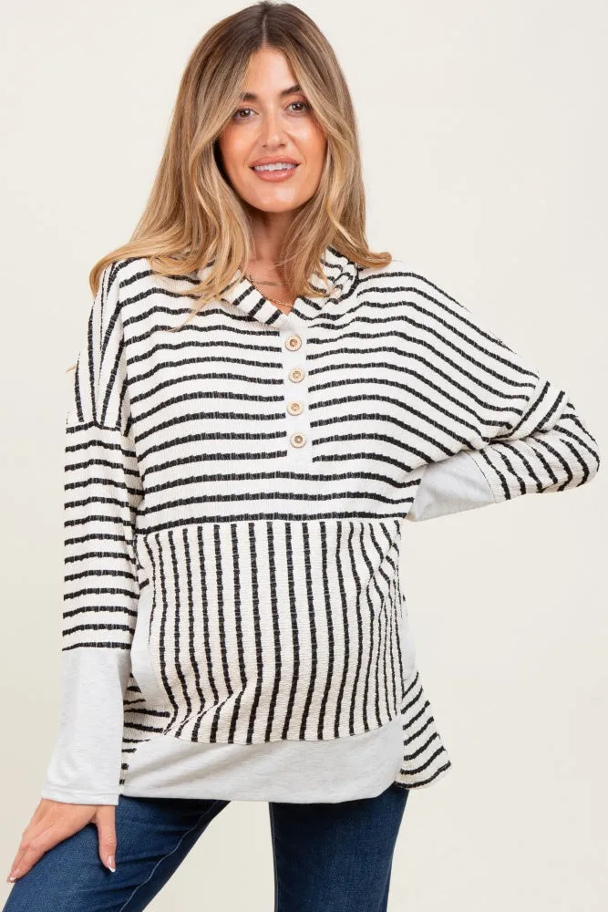 Cream Textured Stripe Button Up Maternity Hoodie sold by Pinkblush product image thumbnail 2