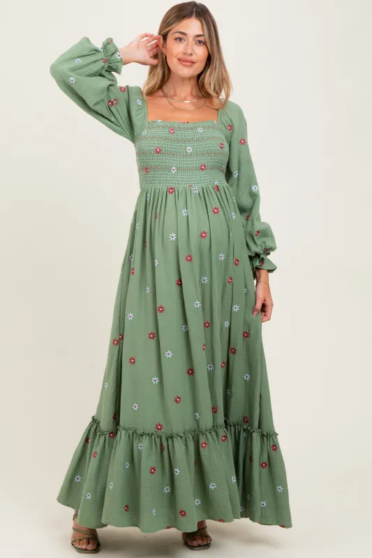 Olive Long Sleeve Floral Accent Maternity Dress sold by Pinkblush