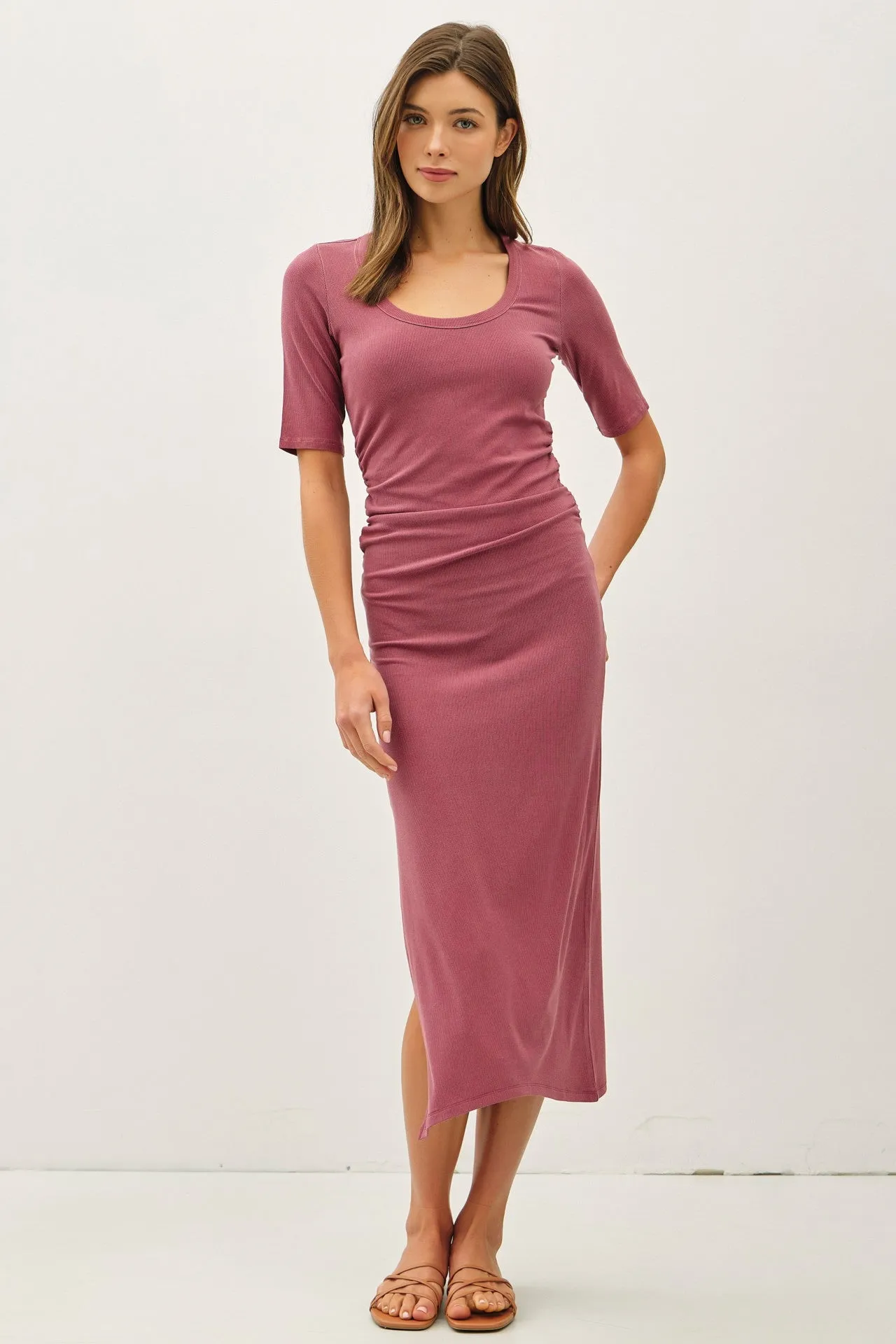 Mauve Ruched Short Sleeve Side Slit Maternity Midi Dress sold by Pinkblush product image thumbnail 5