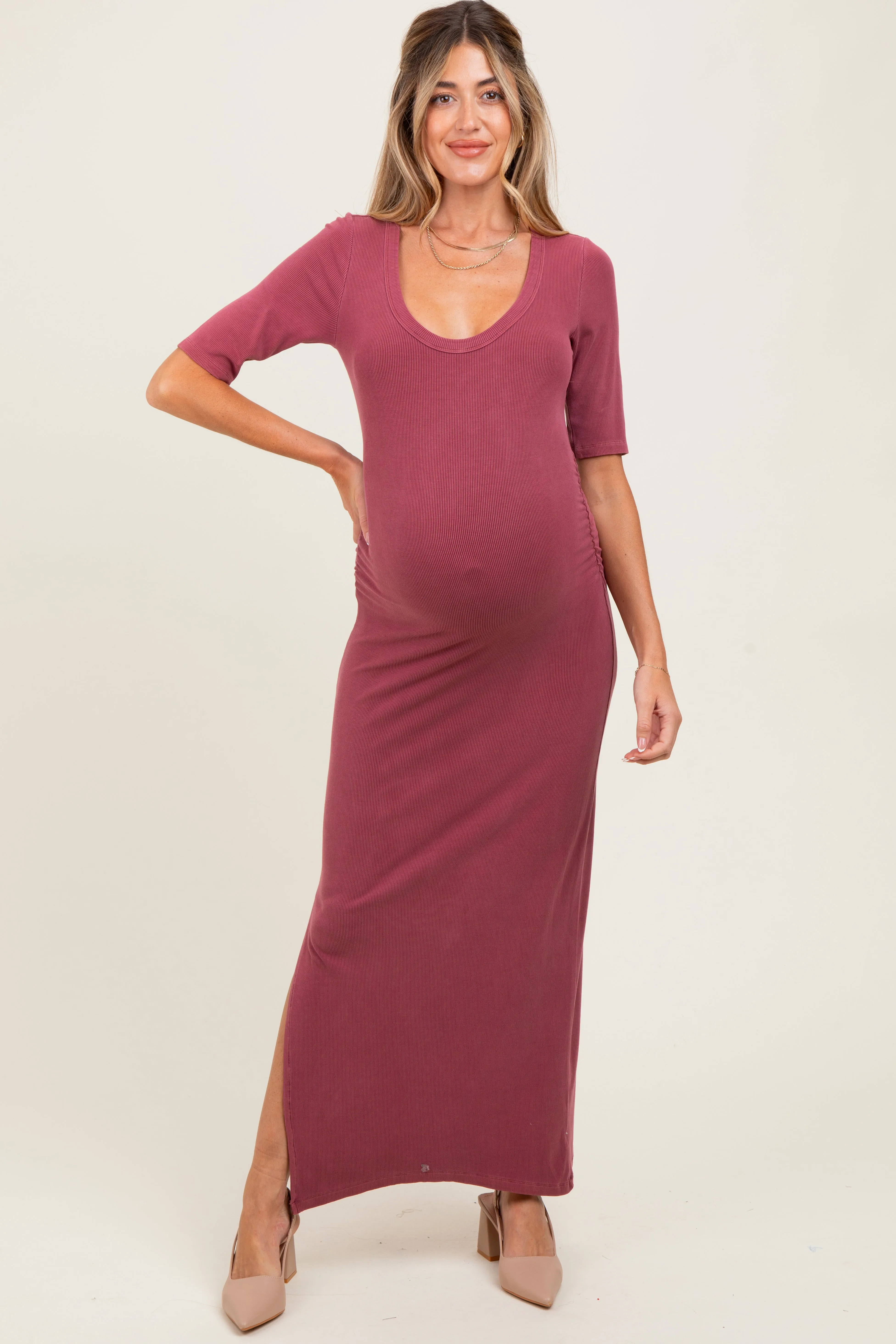 Mauve Ruched Short Sleeve Side Slit Maternity Midi Dress sold by Pinkblush product image thumbnail 2