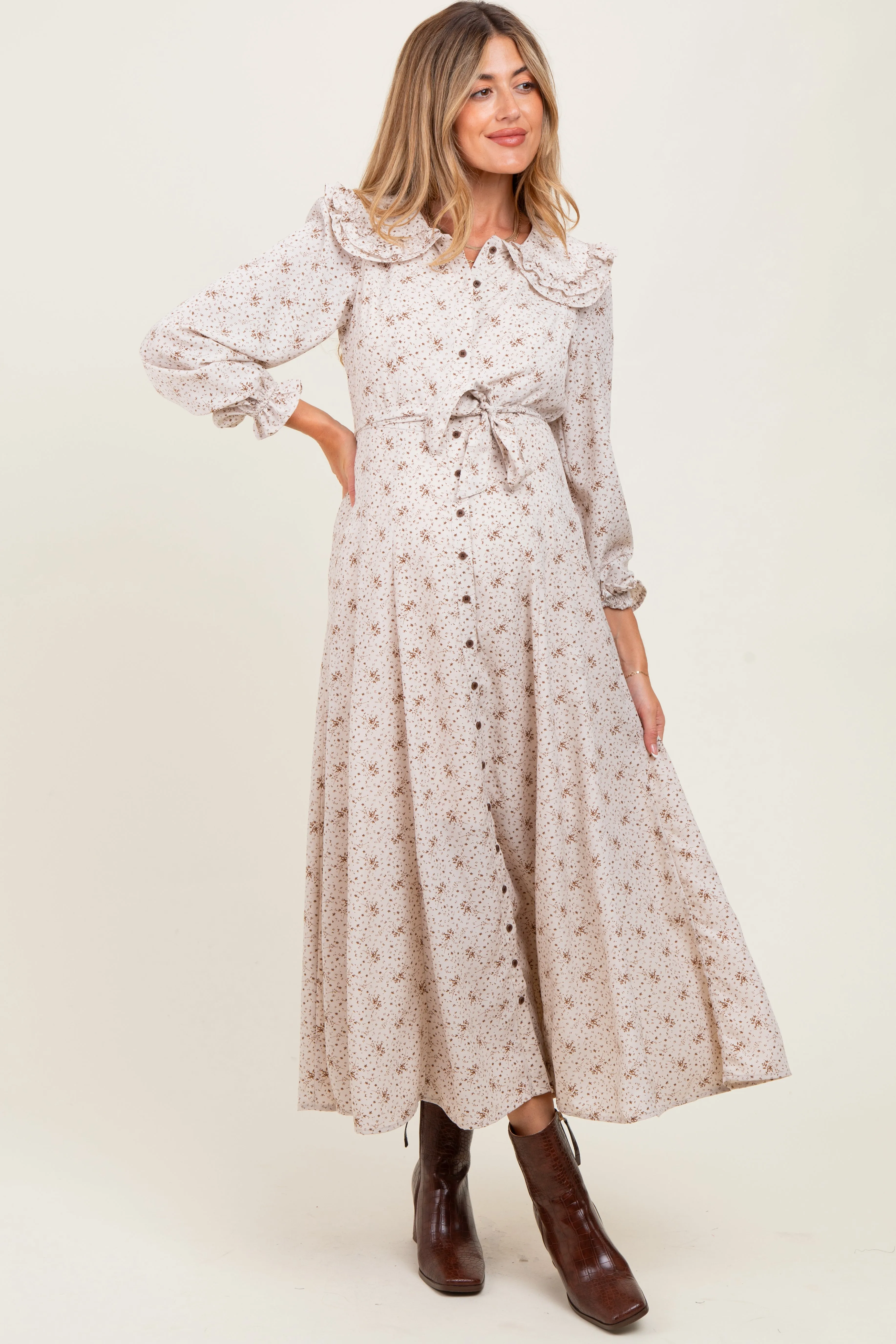 Cream Statement Collar Button Down Maternity Maxi Dress sold by Pinkblush product image thumbnail 2