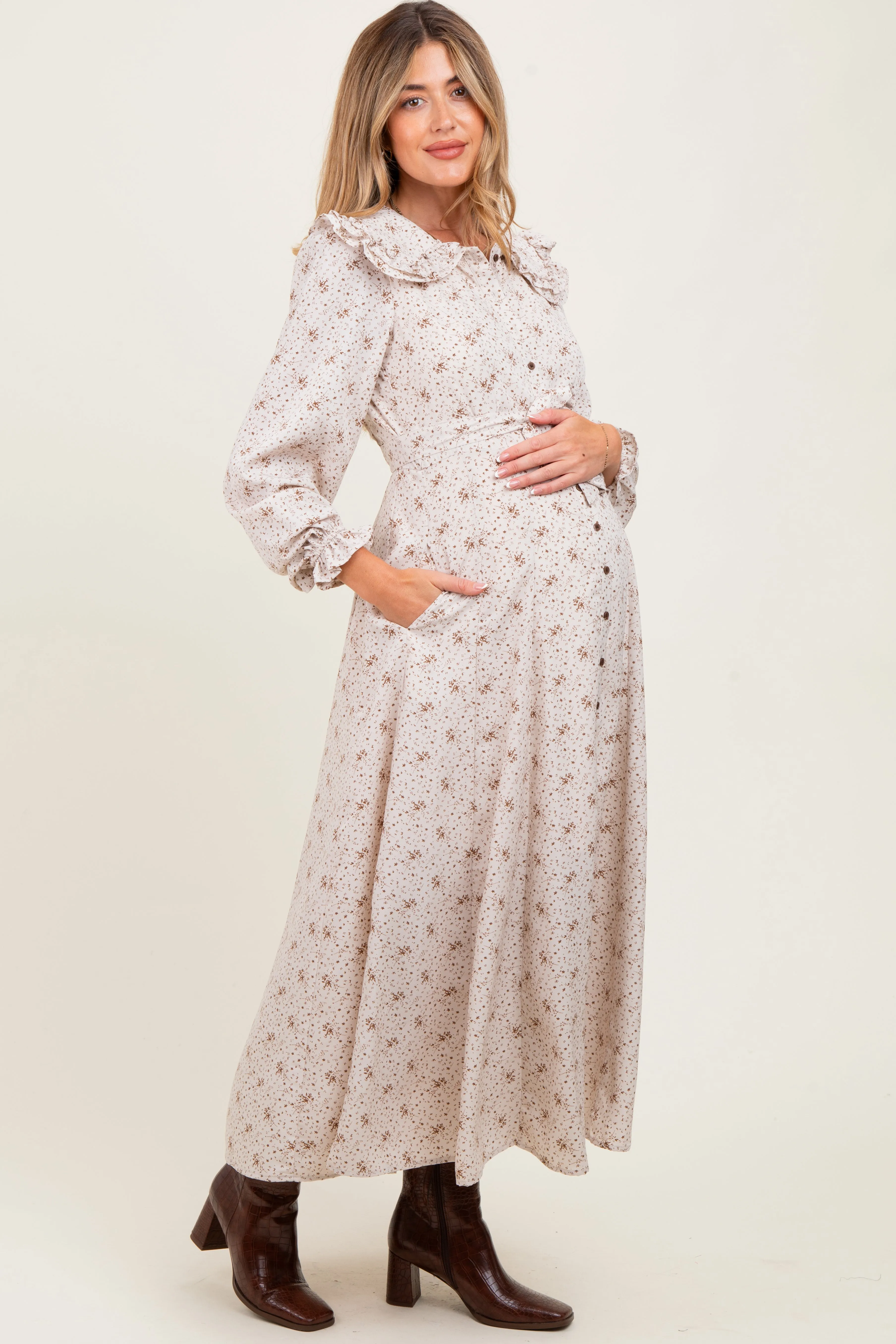 Cream Statement Collar Button Down Maternity Maxi Dress sold by Pinkblush product image thumbnail 3