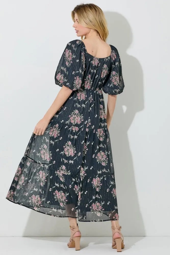Black Floral Striped Puff Sleeve Midi Dress sold by Pinkblush product image thumbnail 3