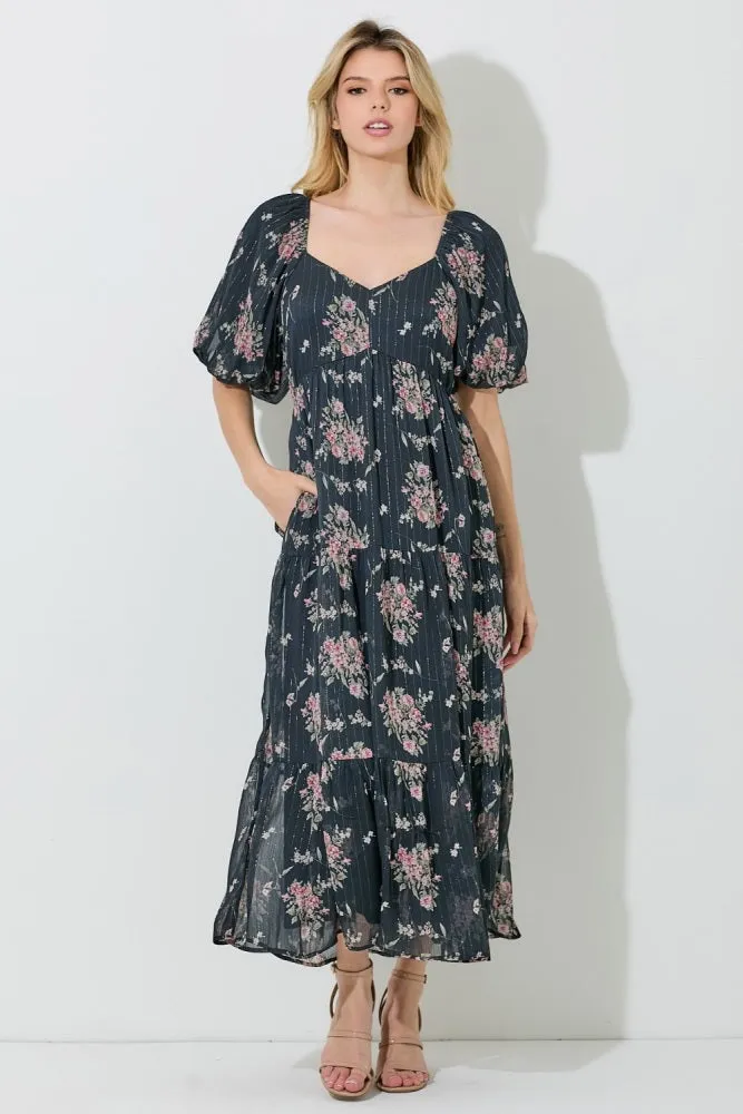 Black Floral Striped Puff Sleeve Midi Dress sold by Pinkblush