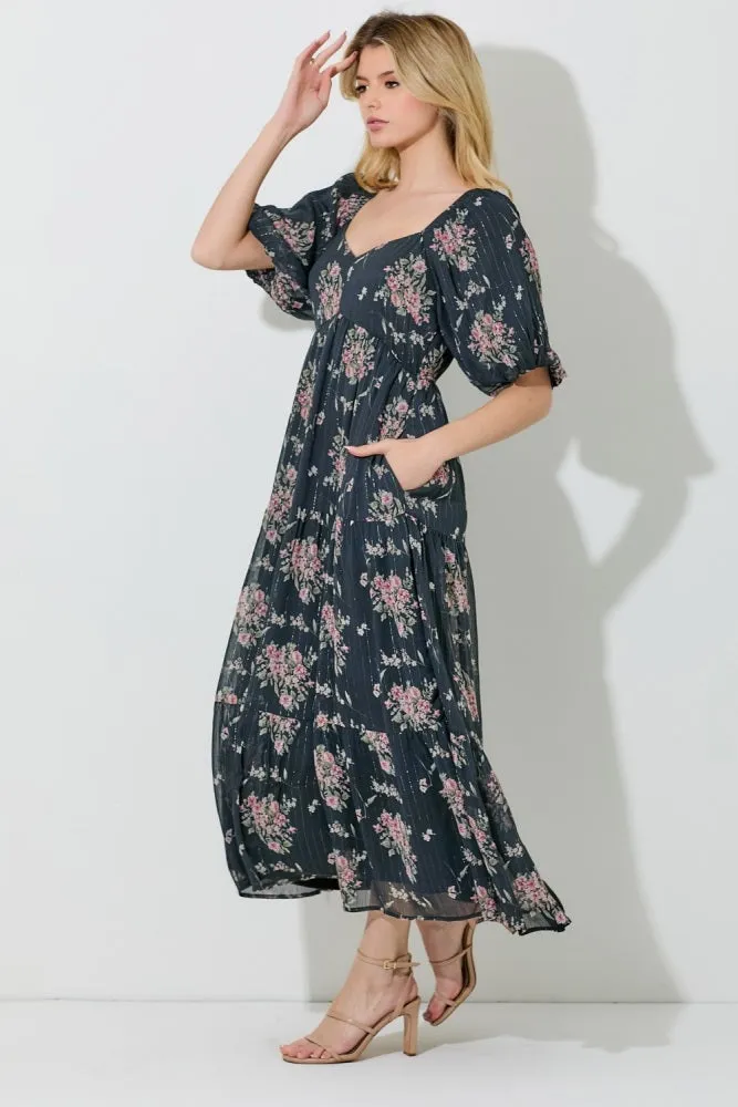 Black Floral Striped Puff Sleeve Midi Dress sold by Pinkblush product image thumbnail 2