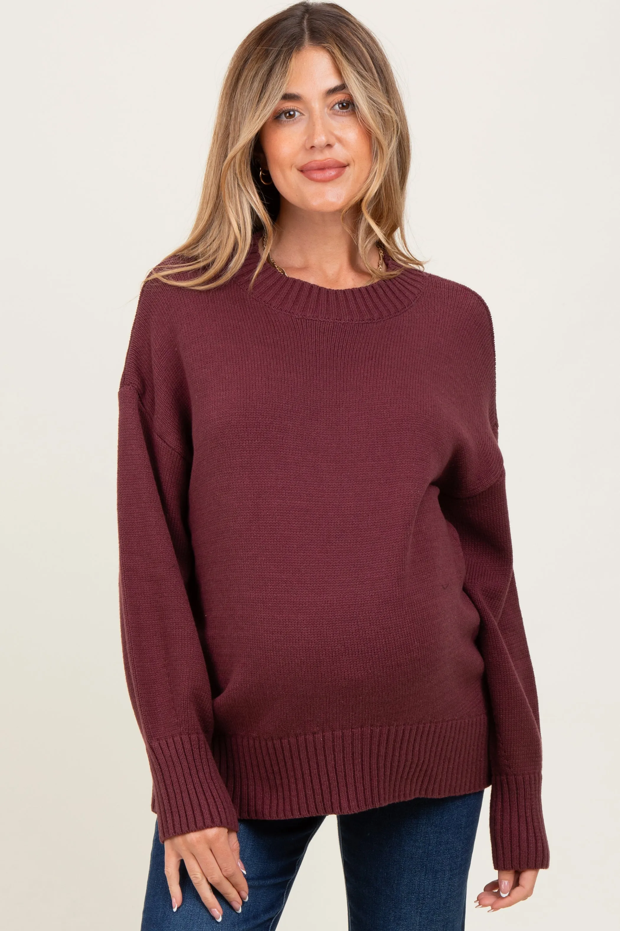 Burgundy Drop Shoulder Oversized Maternity Sweater sold by Pinkblush