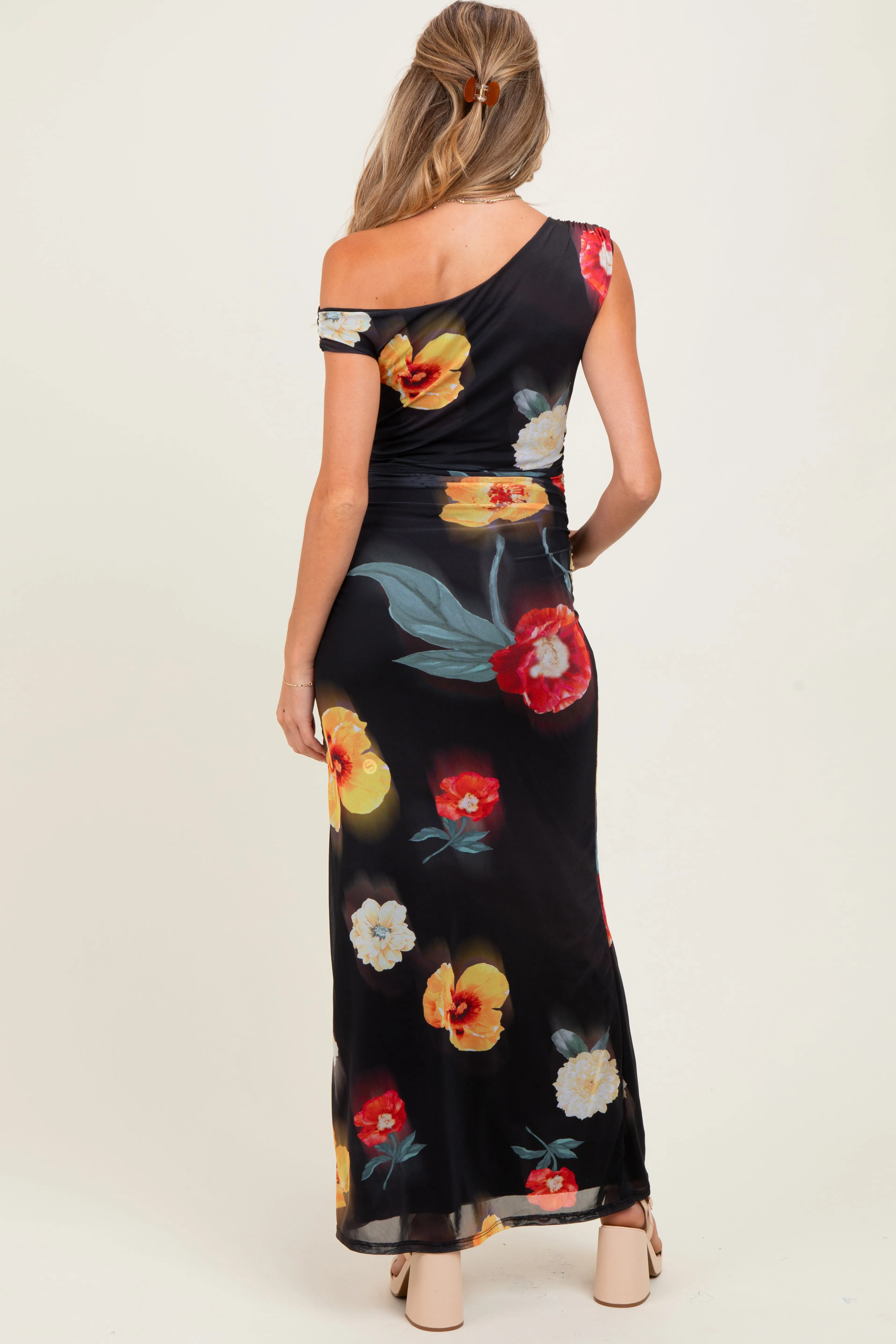 Black Mesh Floral One Shoulder Maternity Maxi Dress sold by Pinkblush product image thumbnail 4