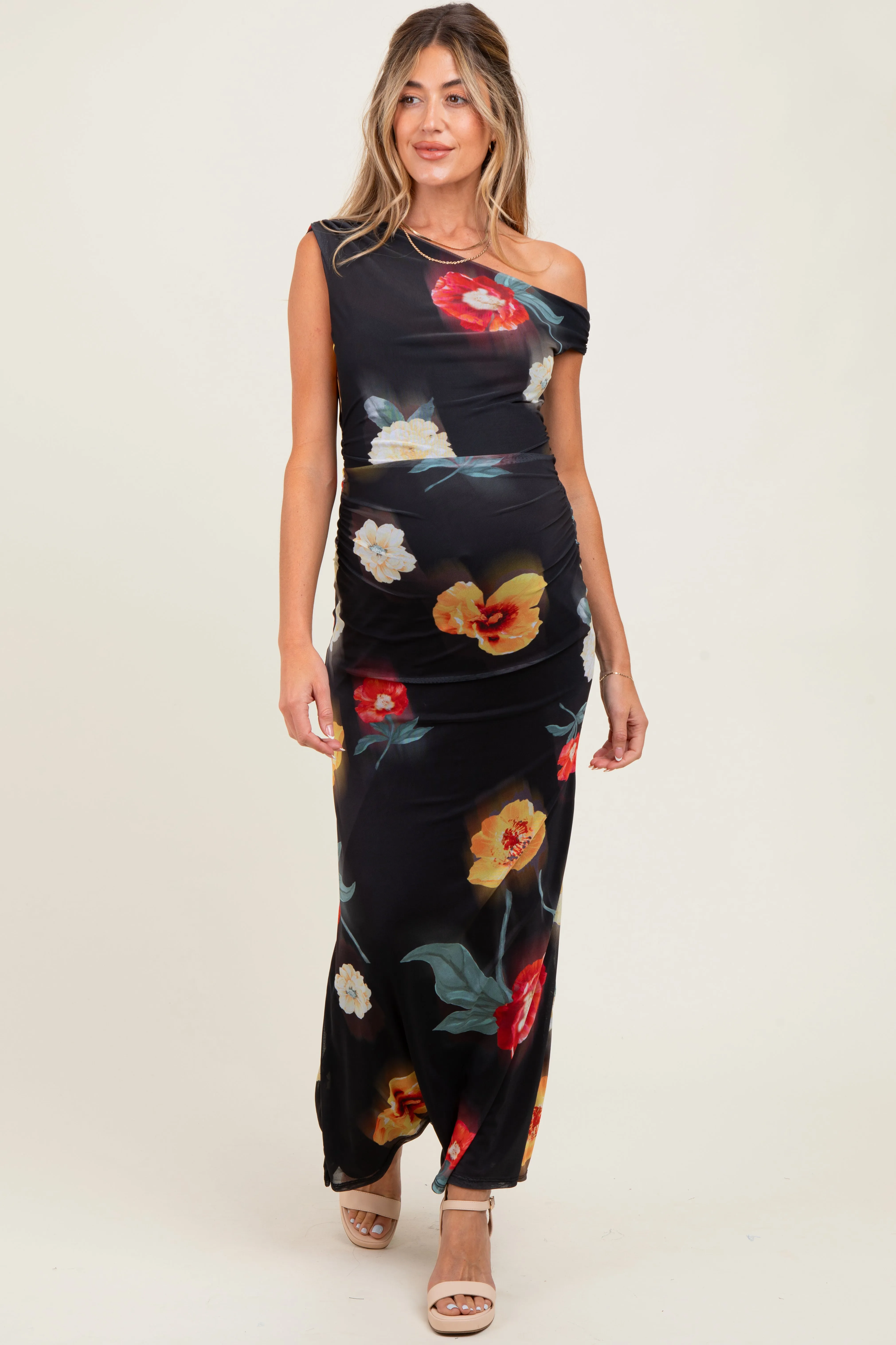 Black Mesh Floral One Shoulder Maternity Maxi Dress sold by Pinkblush product image thumbnail 2