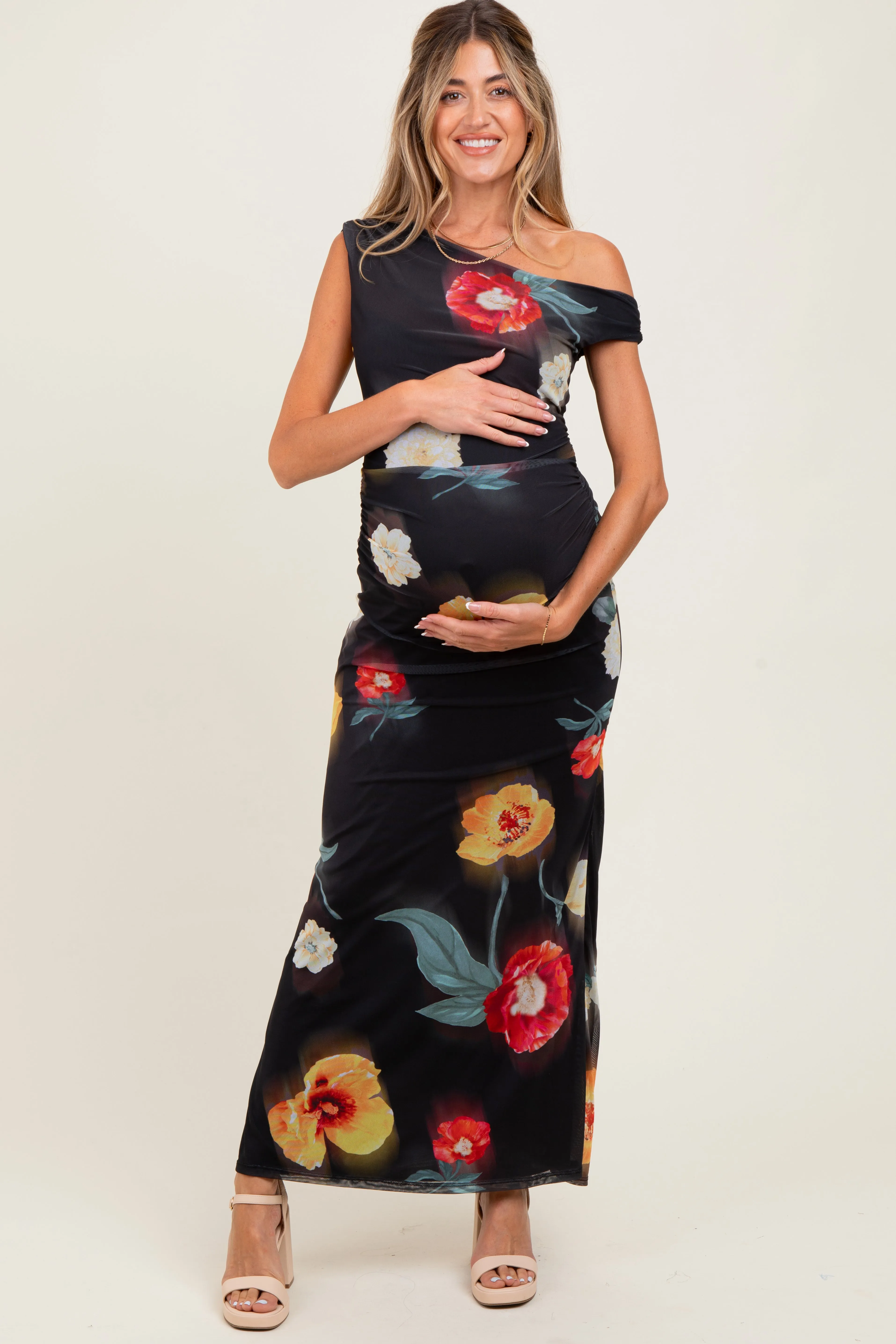 Black Mesh Floral One Shoulder Maternity Maxi Dress sold by Pinkblush