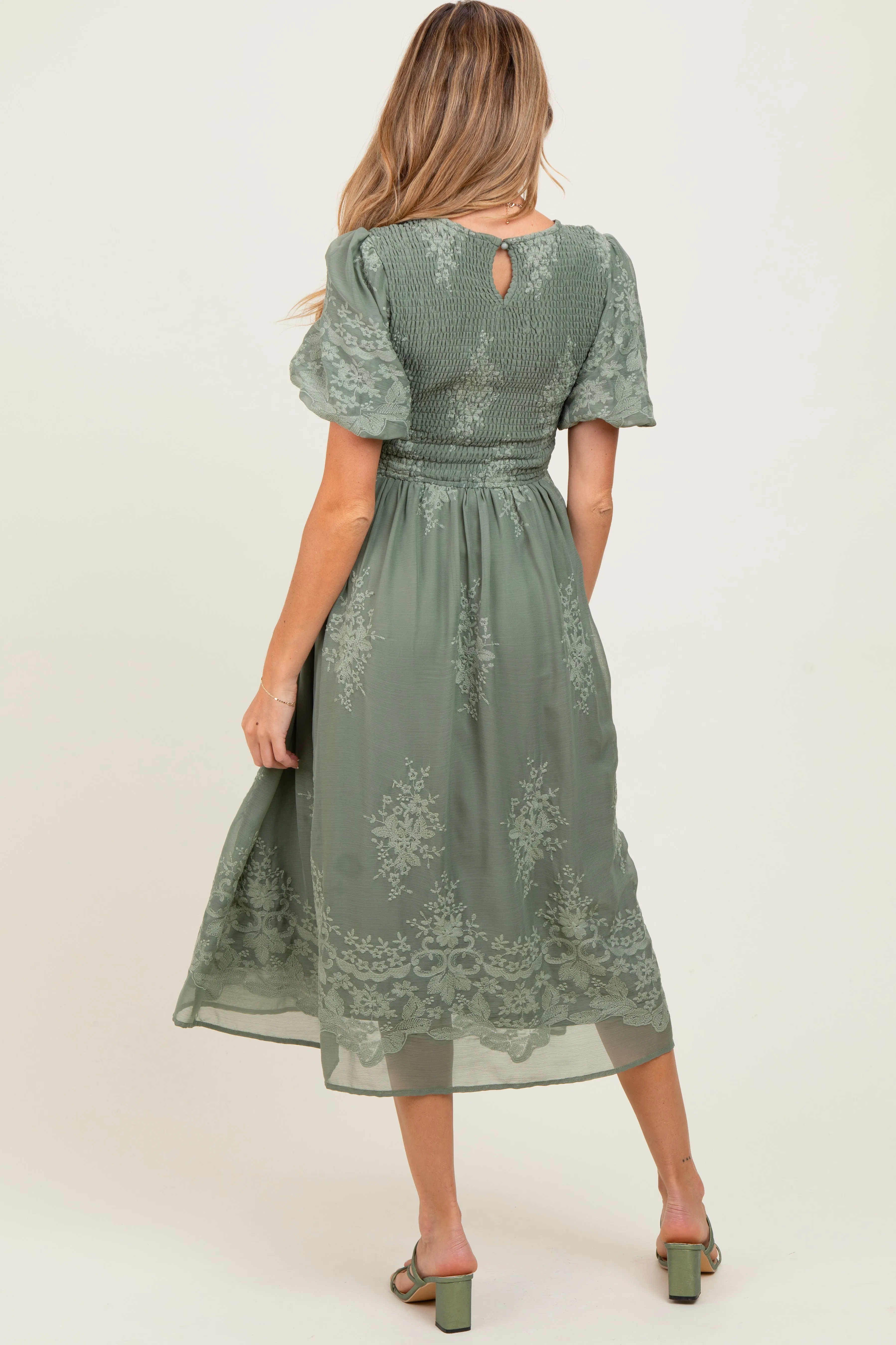 Light Olive Floral Lace Smocked Maternity Midi Dress sold by Pinkblush product image thumbnail 3