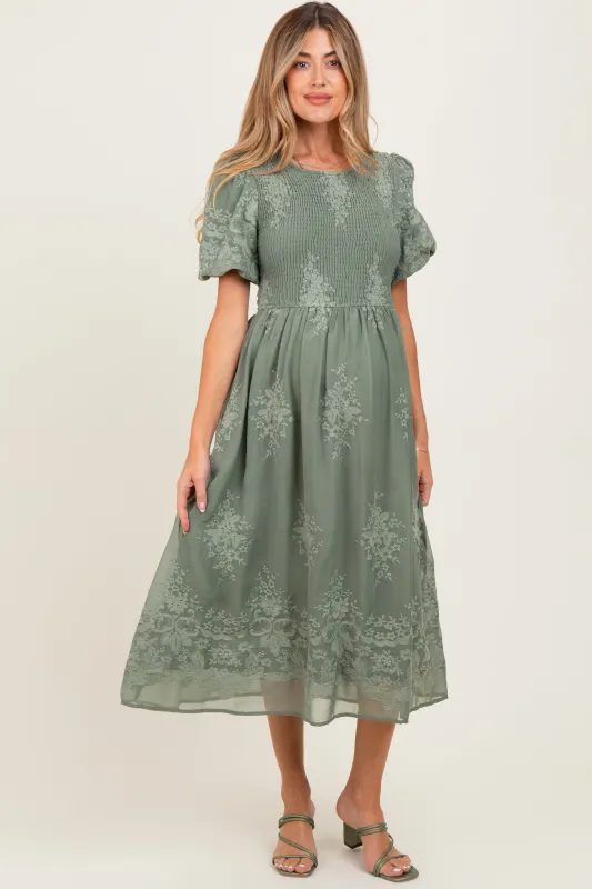 Light Olive Floral Lace Smocked Maternity Midi Dress sold by Pinkblush