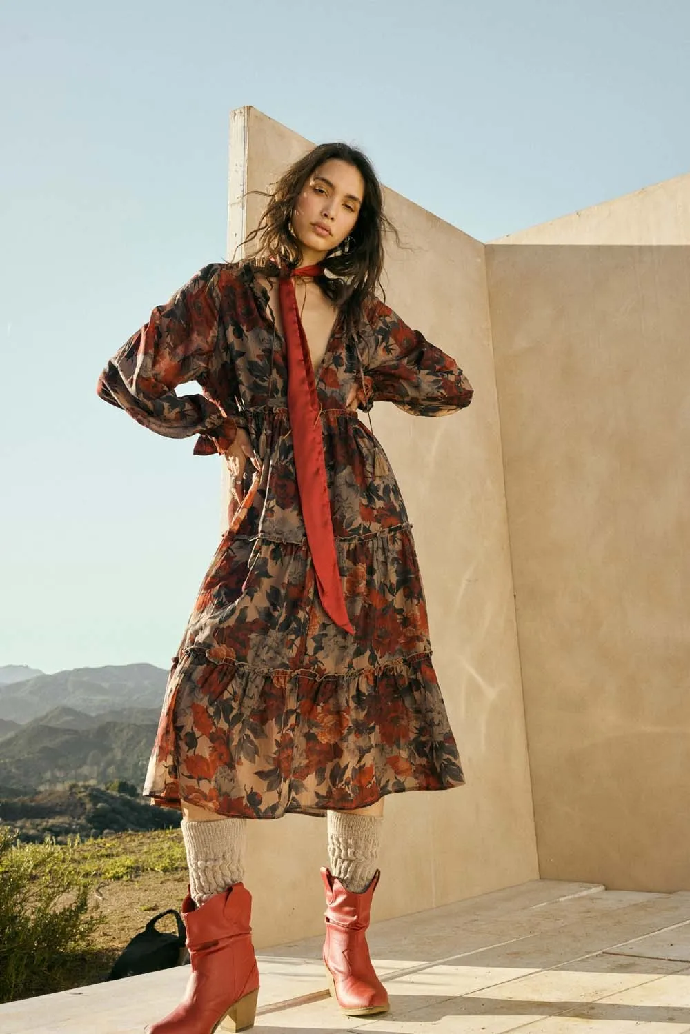 Beige Floral Chiffon Ruffle Tiered Maternity Midi Dress sold by Pinkblush product image thumbnail 4