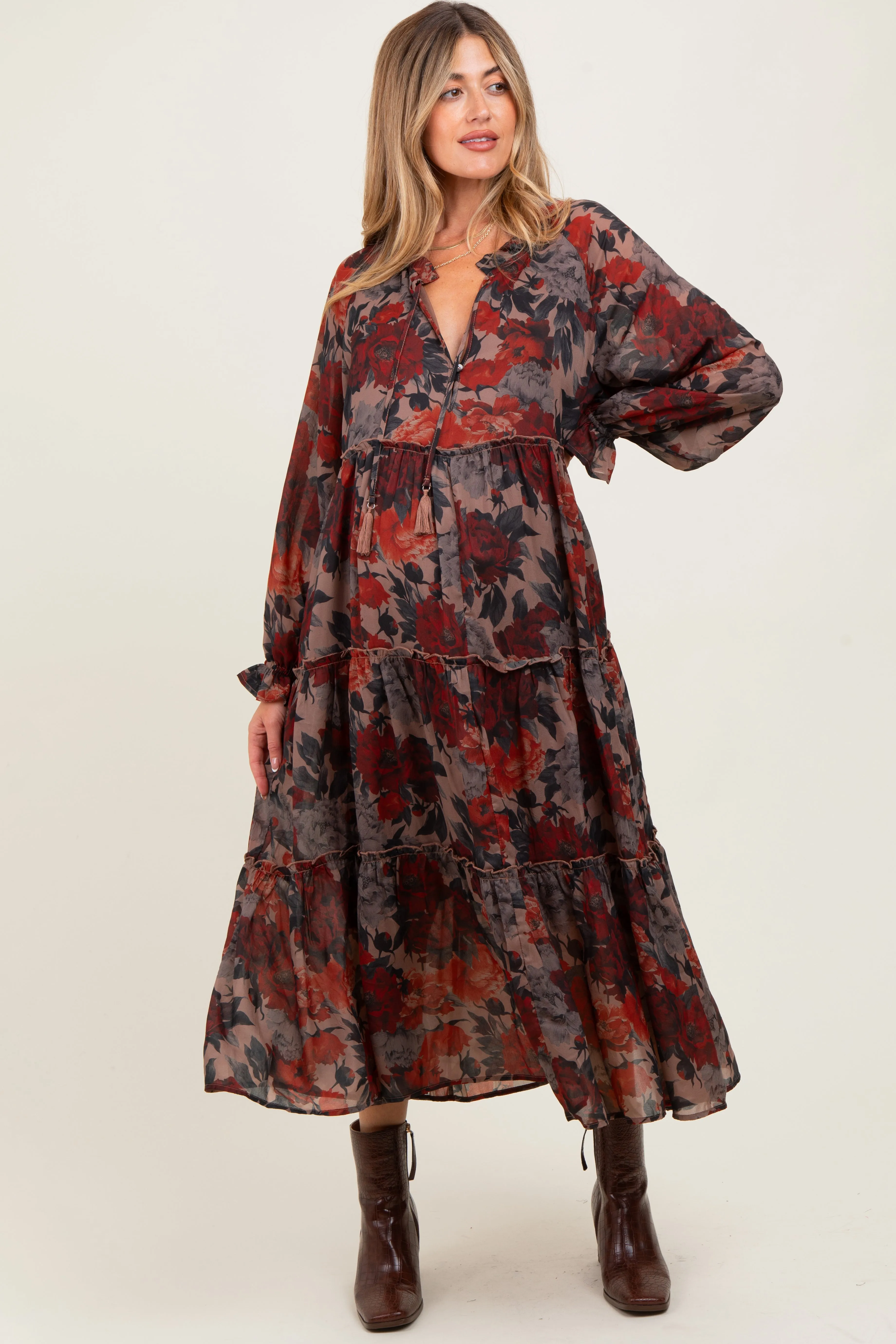 Beige Floral Chiffon Ruffle Tiered Maternity Midi Dress sold by Pinkblush