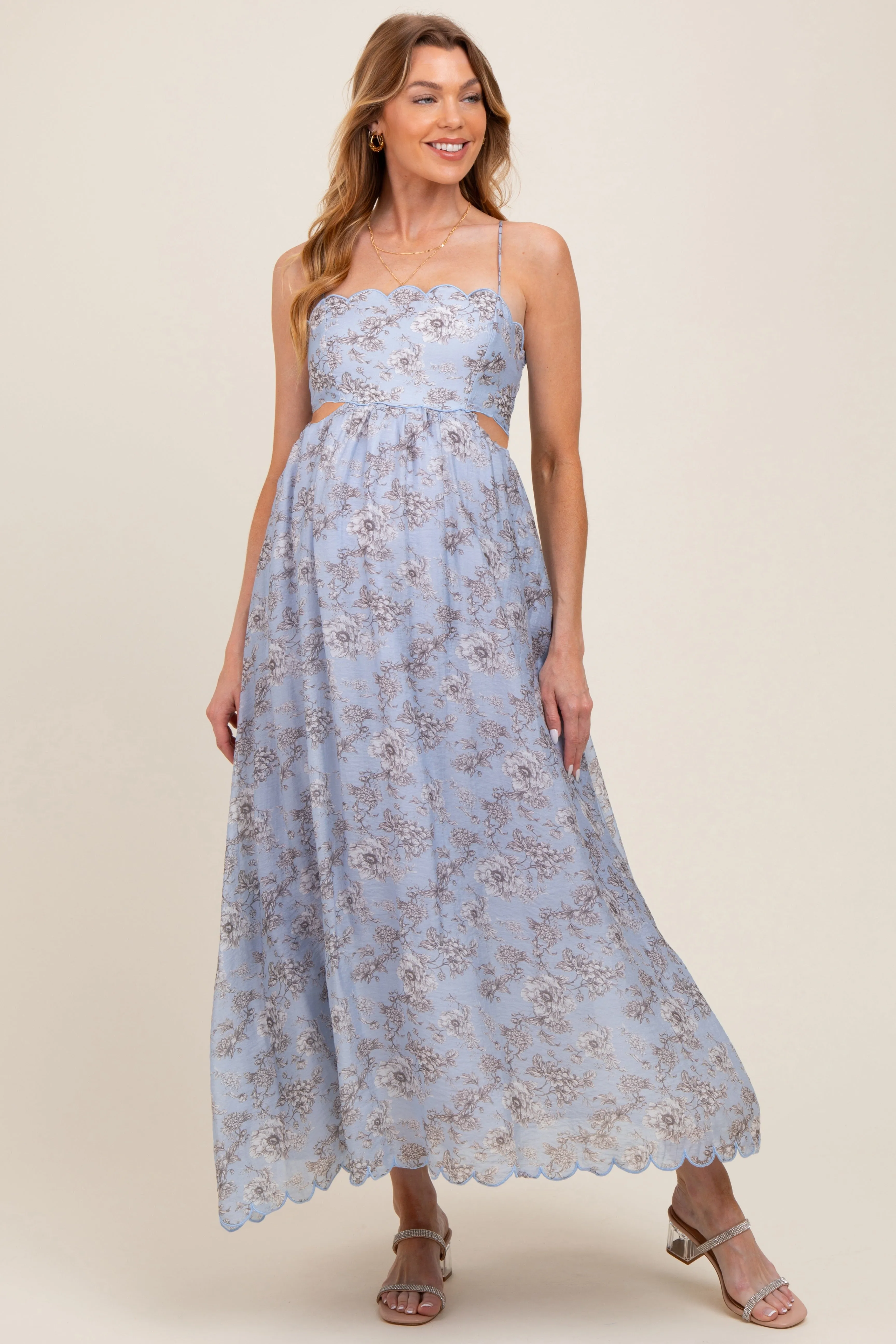 Blue Floral Scallop Edge Back Cutout Maternity Maxi Dress sold by Pinkblush