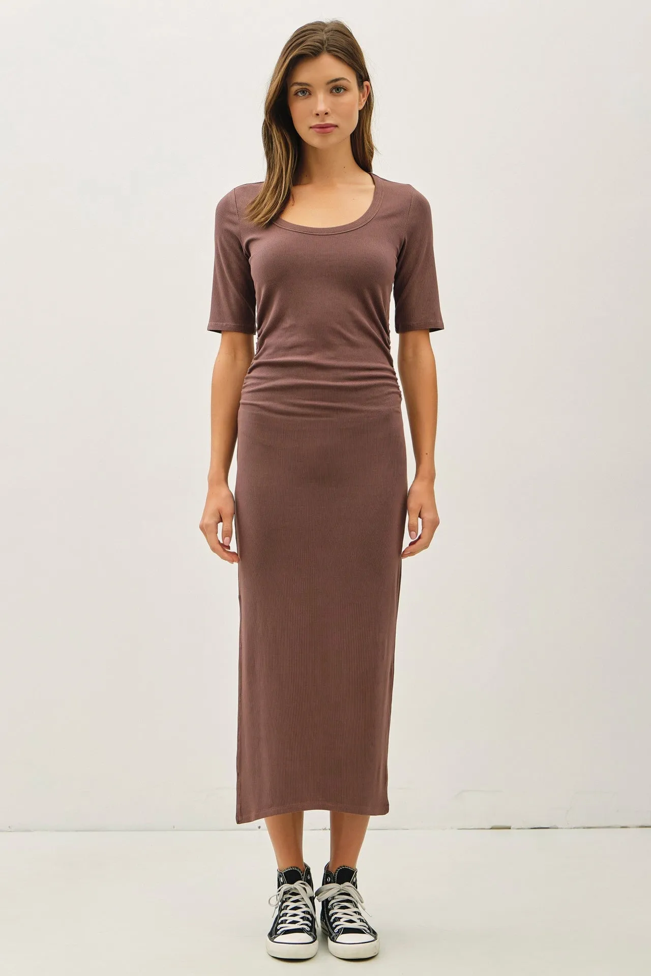 Brown Ruched Short Sleeve Side Slit Maternity Midi Dress sold by Pinkblush product image thumbnail 4