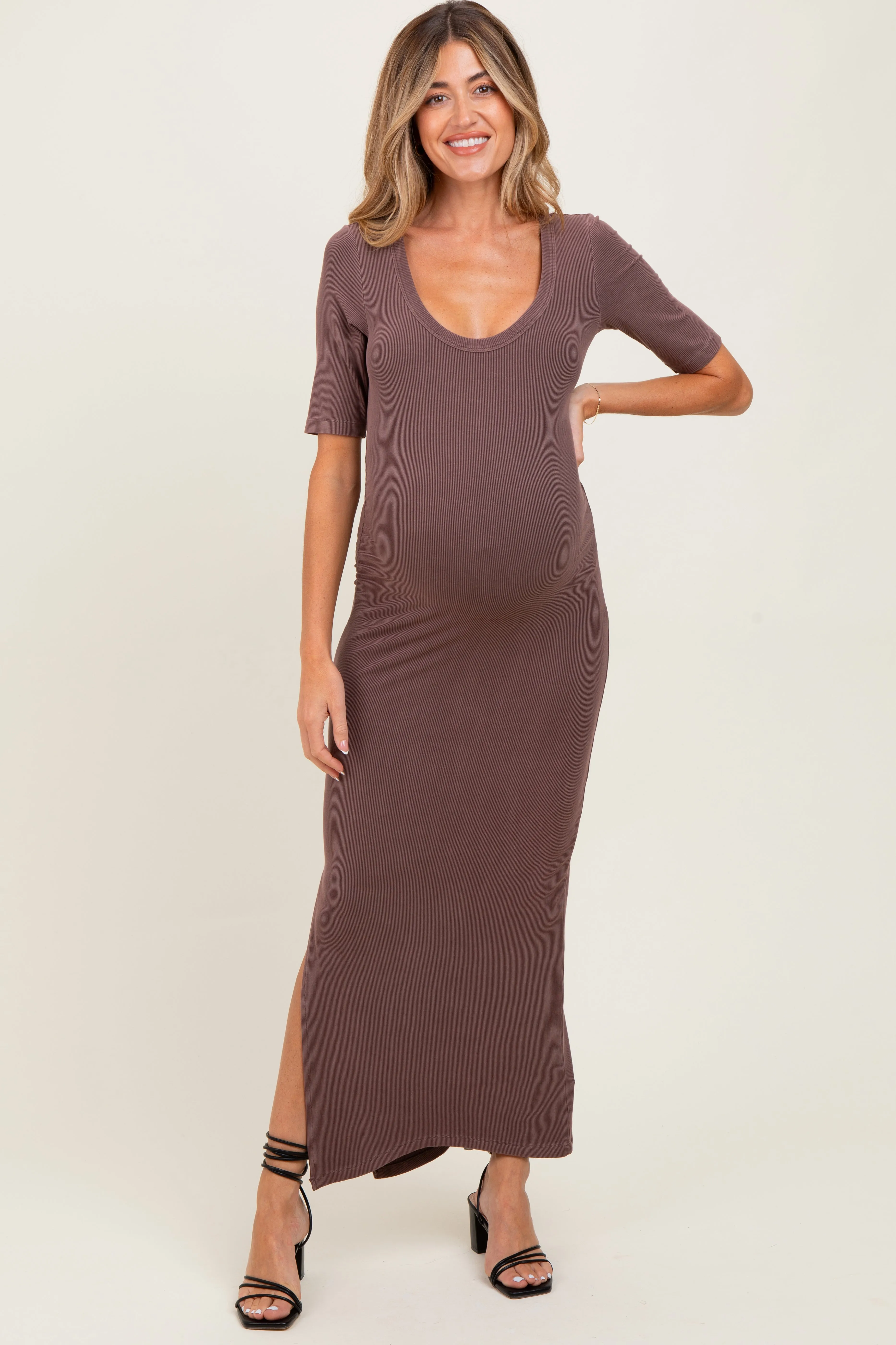 Brown Ruched Short Sleeve Side Slit Maternity Midi Dress sold by Pinkblush