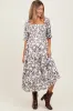 Brown Floral Smocked Puff Sleeve Maternity Midi Dress sold by Pinkblush