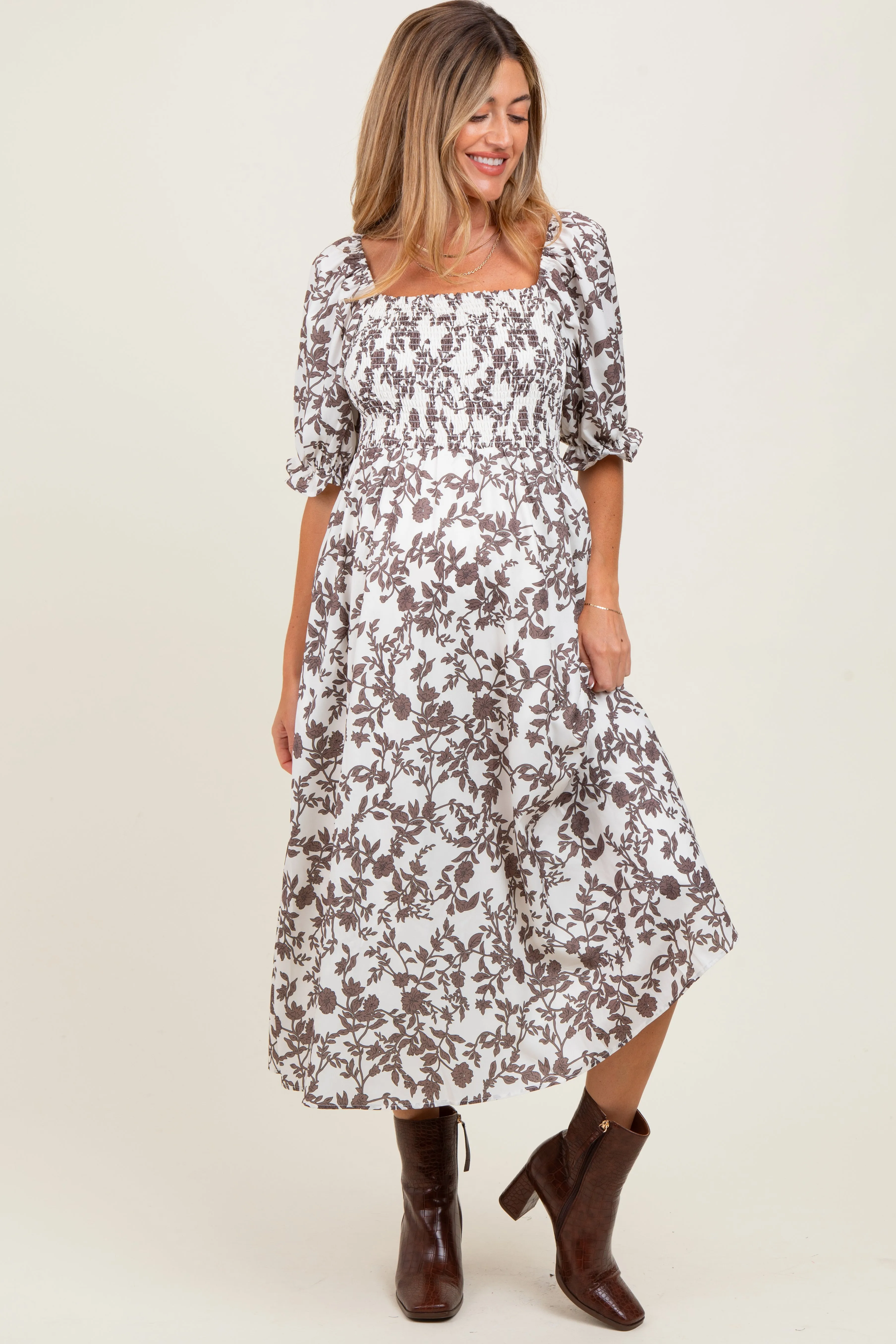 Brown Floral Smocked Puff Sleeve Maternity Midi Dress sold by Pinkblush