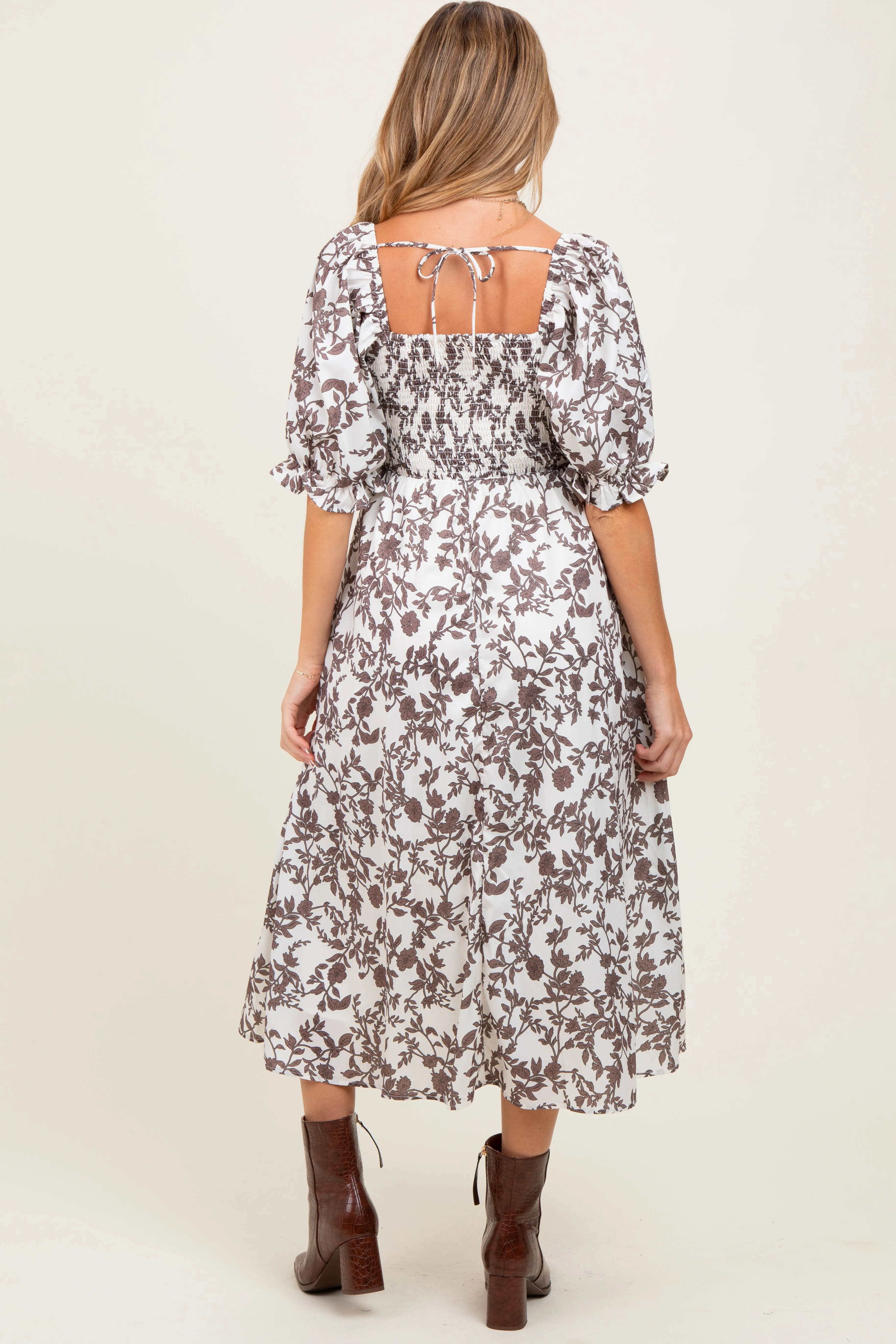 Brown Floral Smocked Puff Sleeve Maternity Midi Dress sold by Pinkblush product image thumbnail 2