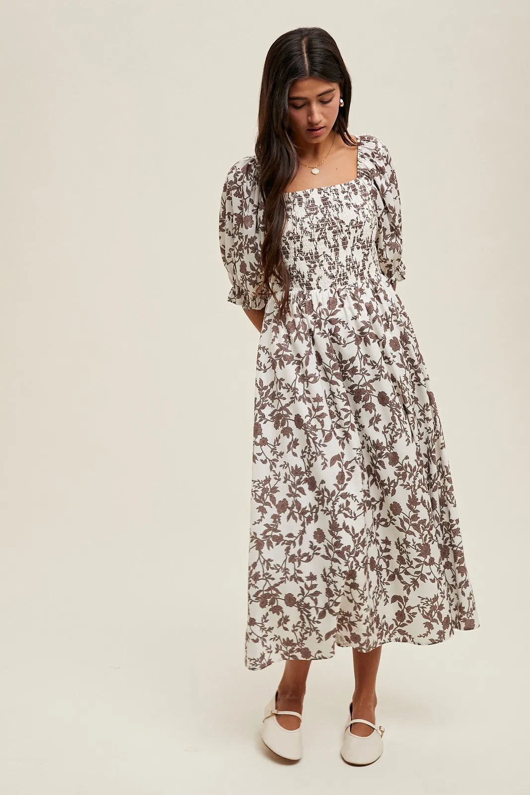 Brown Floral Smocked Puff Sleeve Maternity Midi Dress sold by Pinkblush product image thumbnail 3