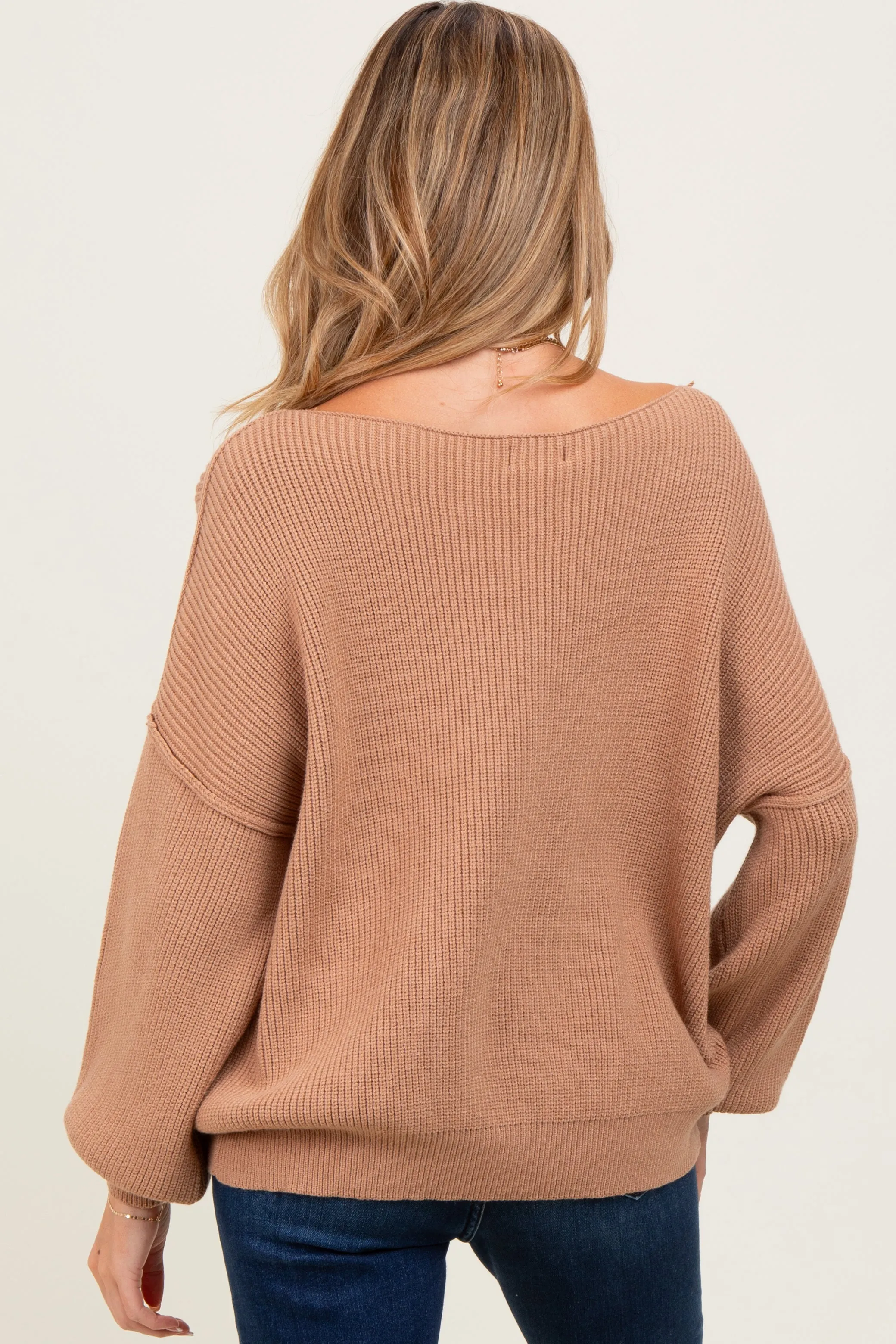 Light Taupe Balloon Sleeve Boat Neck Knit Maternity Sweater sold by Pinkblush product image thumbnail 4