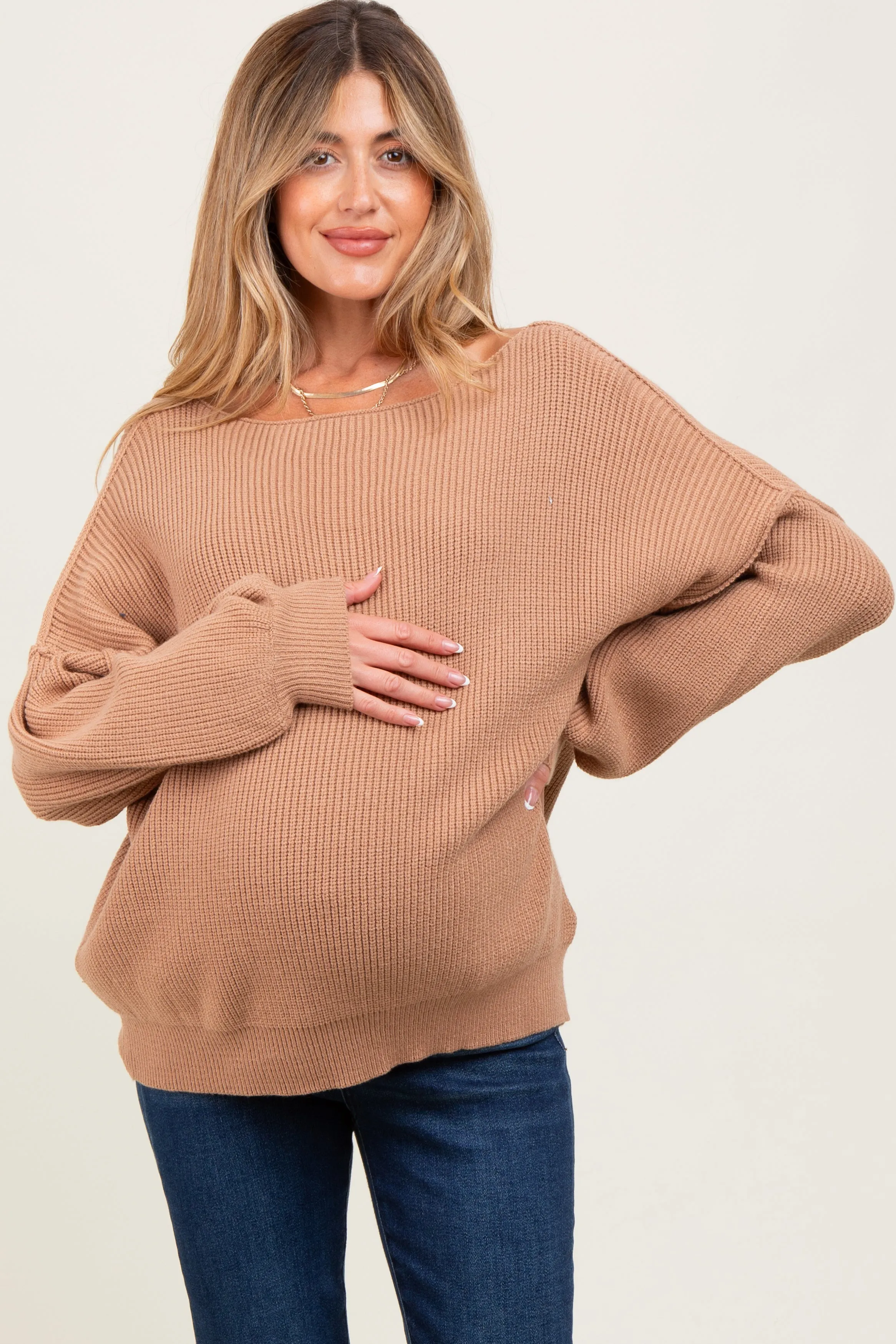 Light Taupe Balloon Sleeve Boat Neck Knit Maternity Sweater sold by Pinkblush