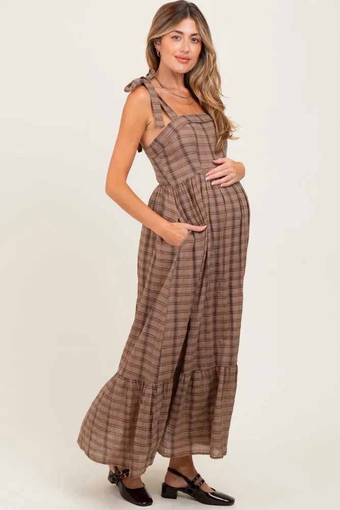 Mocha Plaid Sleeveless Cotton Maternity Maxi Dress sold by Pinkblush product image thumbnail 2