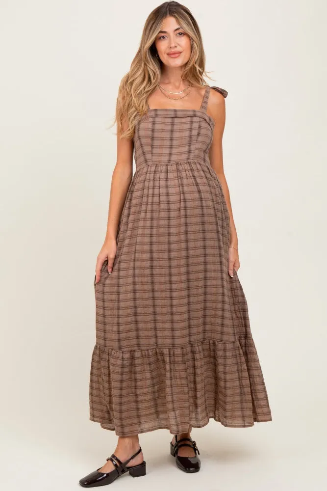 Mocha Plaid Sleeveless Cotton Maternity Maxi Dress sold by Pinkblush