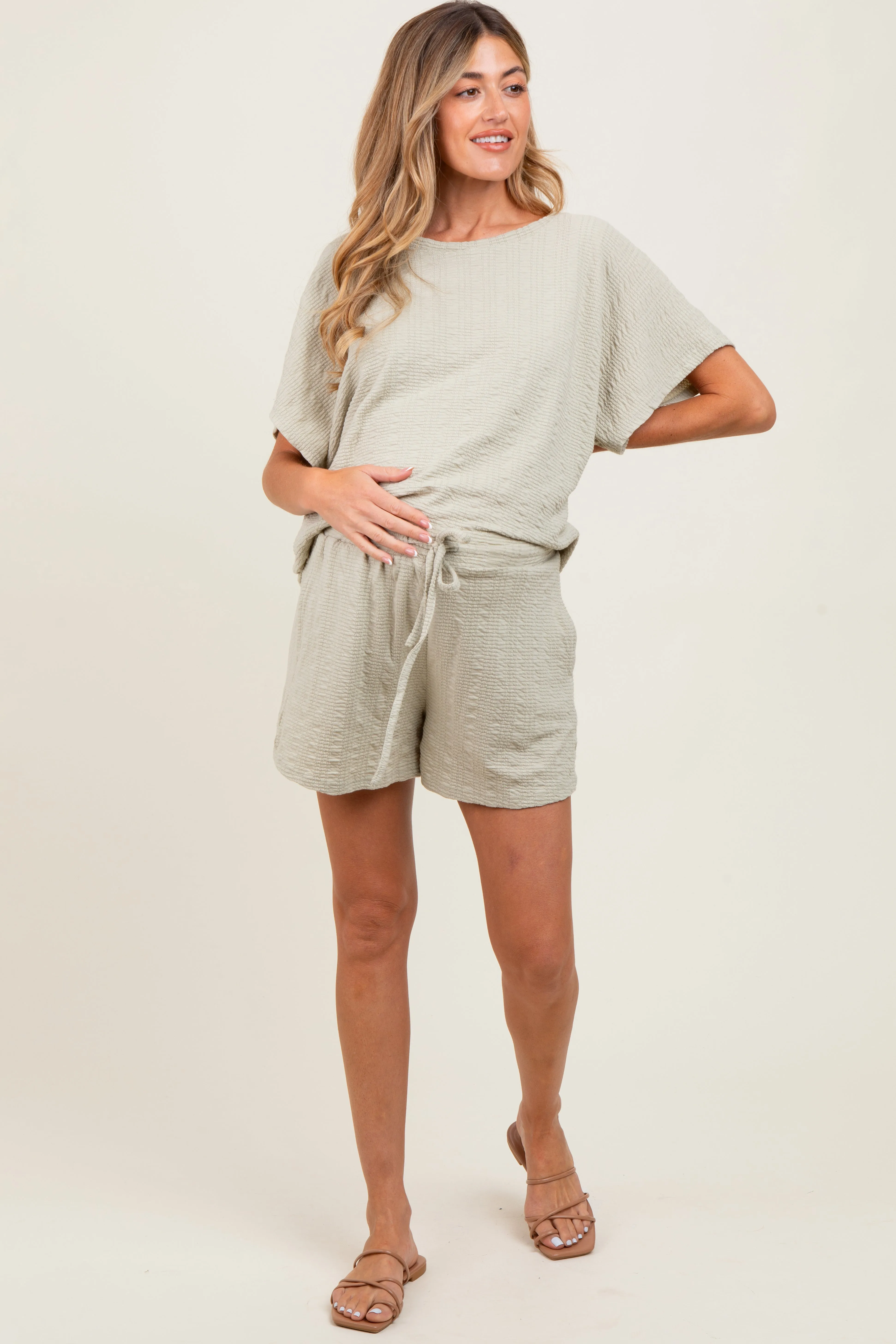 Sage Textured Modal Knit Loose Fit Maternity Top & Shorts Set sold by Pinkblush product image thumbnail 2