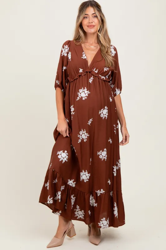 Brown Vintage Floral Embroidered V-Neck 3/4 Sleeve Maternity Maxi Dress sold by Pinkblush