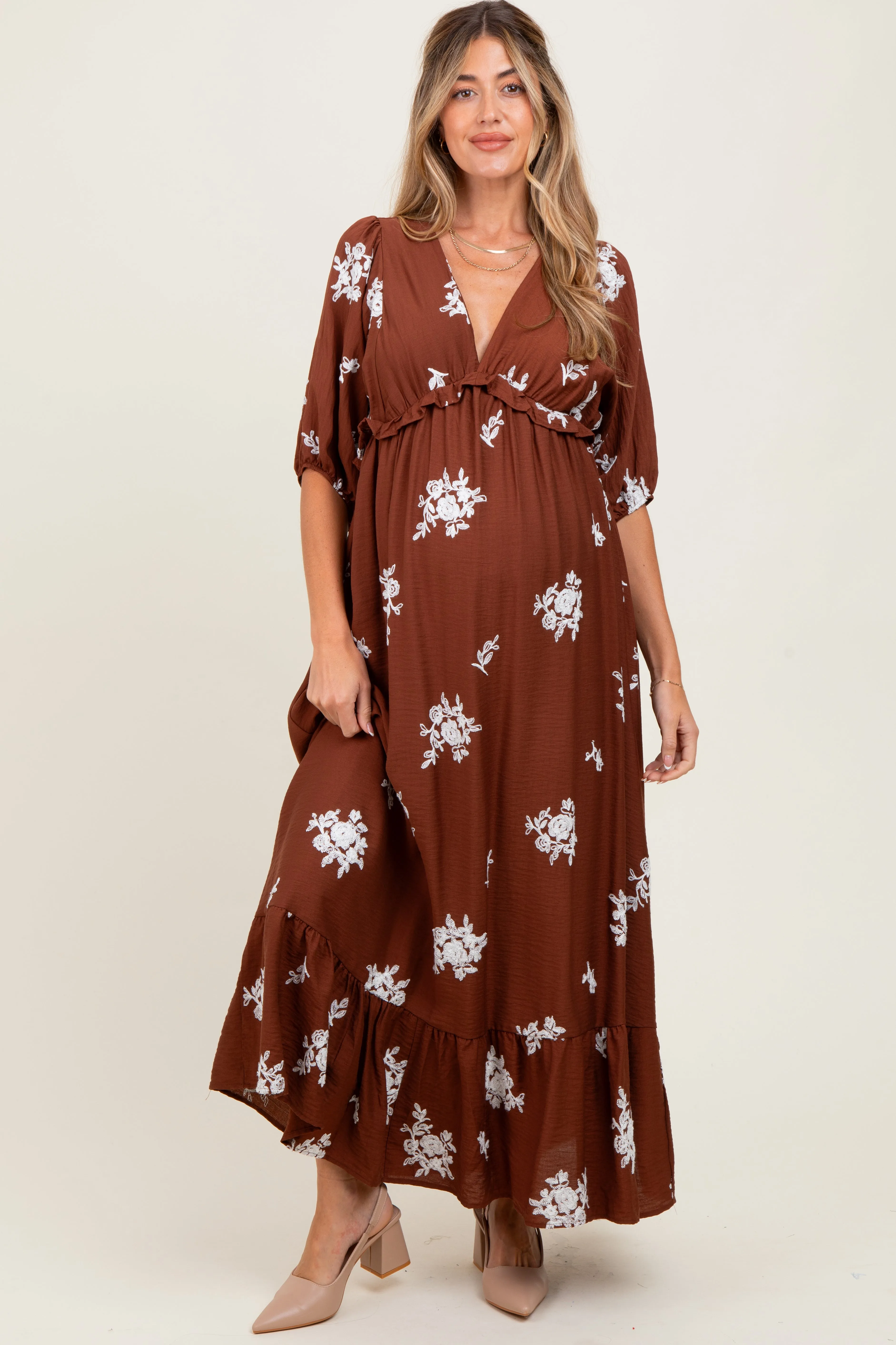 Brown Vintage Floral Embroidered V-Neck 3/4 Sleeve Maternity Maxi Dress sold by Pinkblush