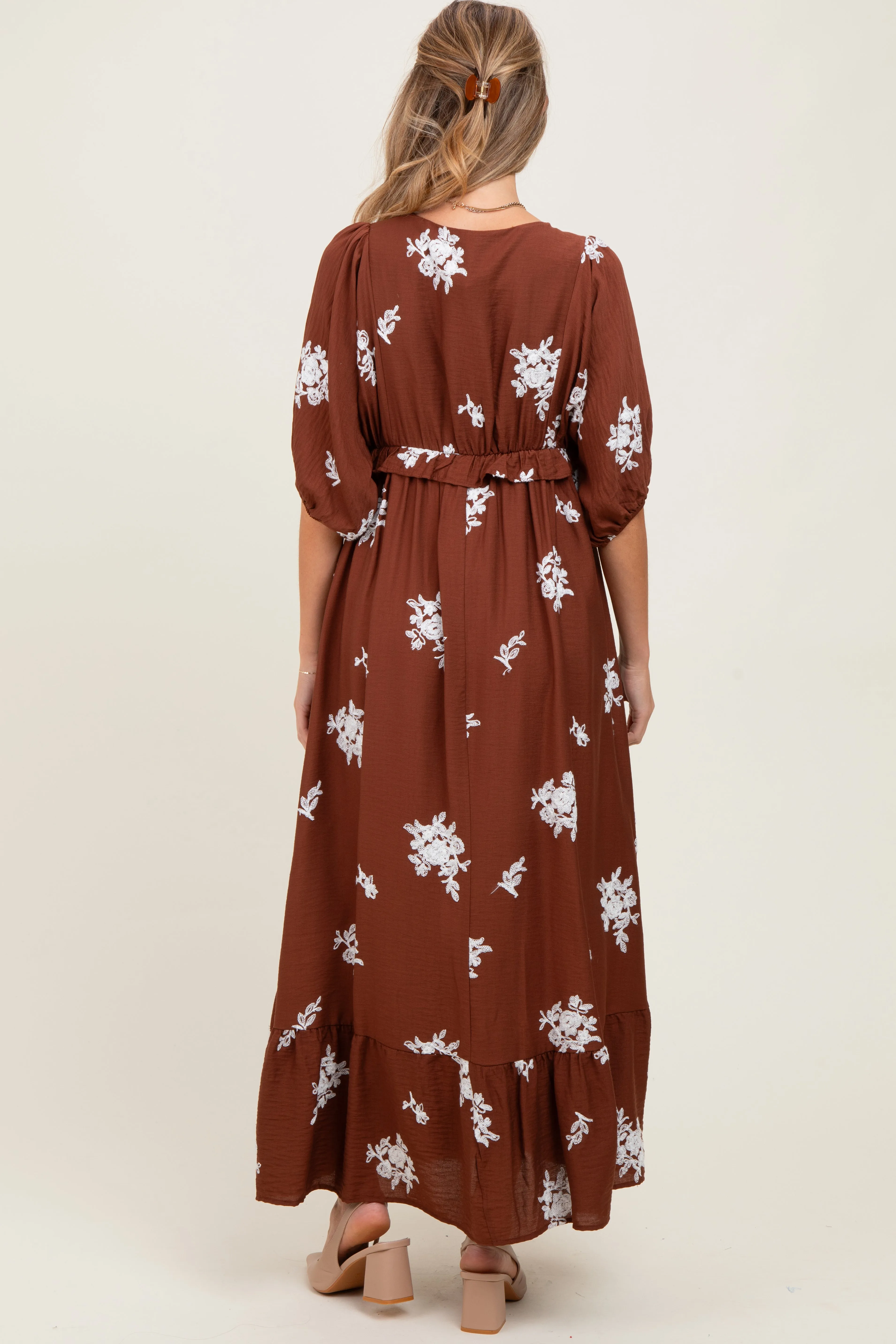 Brown Vintage Floral Embroidered V-Neck 3/4 Sleeve Maternity Maxi Dress sold by Pinkblush product image thumbnail 3