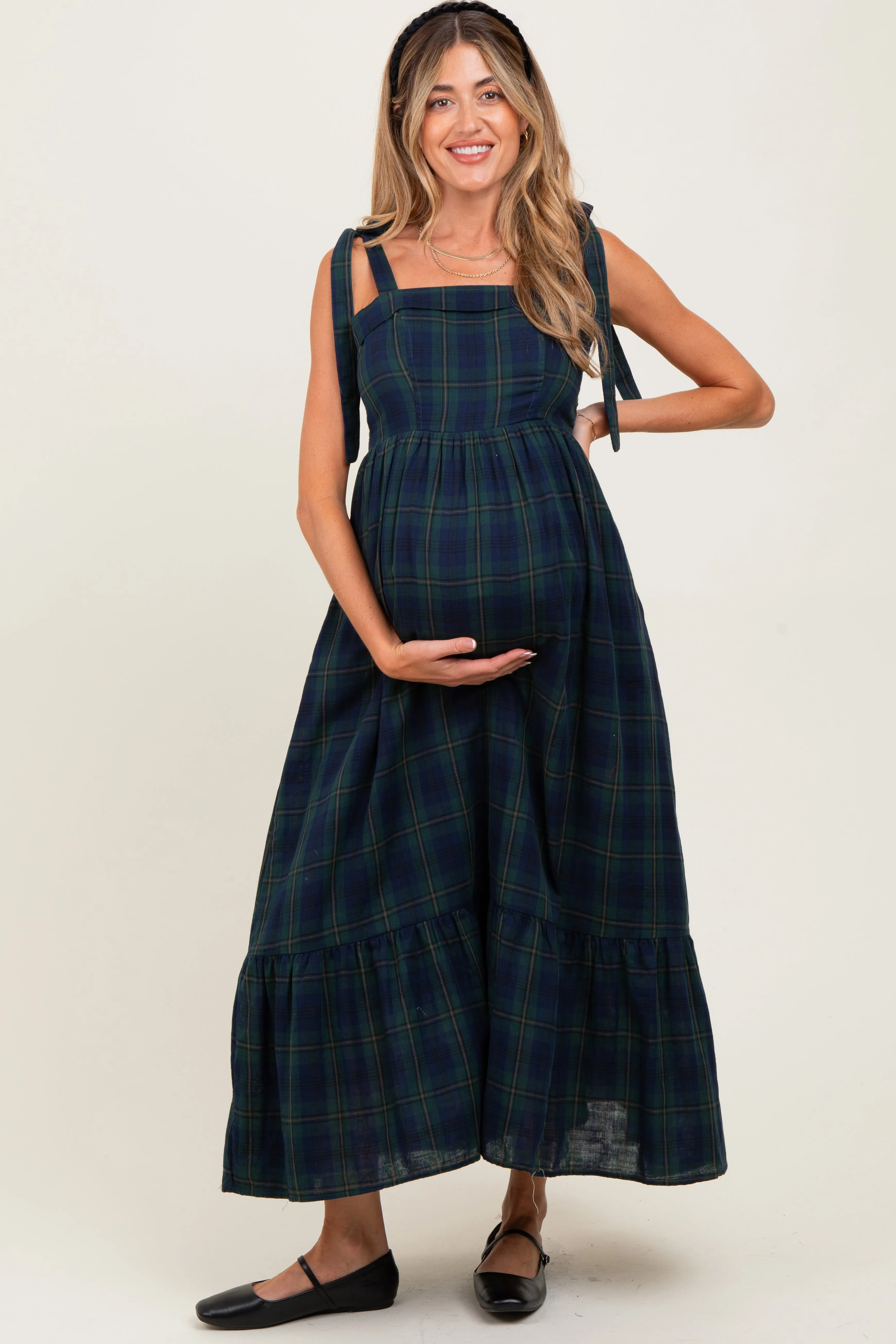 Hunter Green Plaid Sleeveless Cotton Maternity Maxi Dress sold by Pinkblush product image thumbnail 2