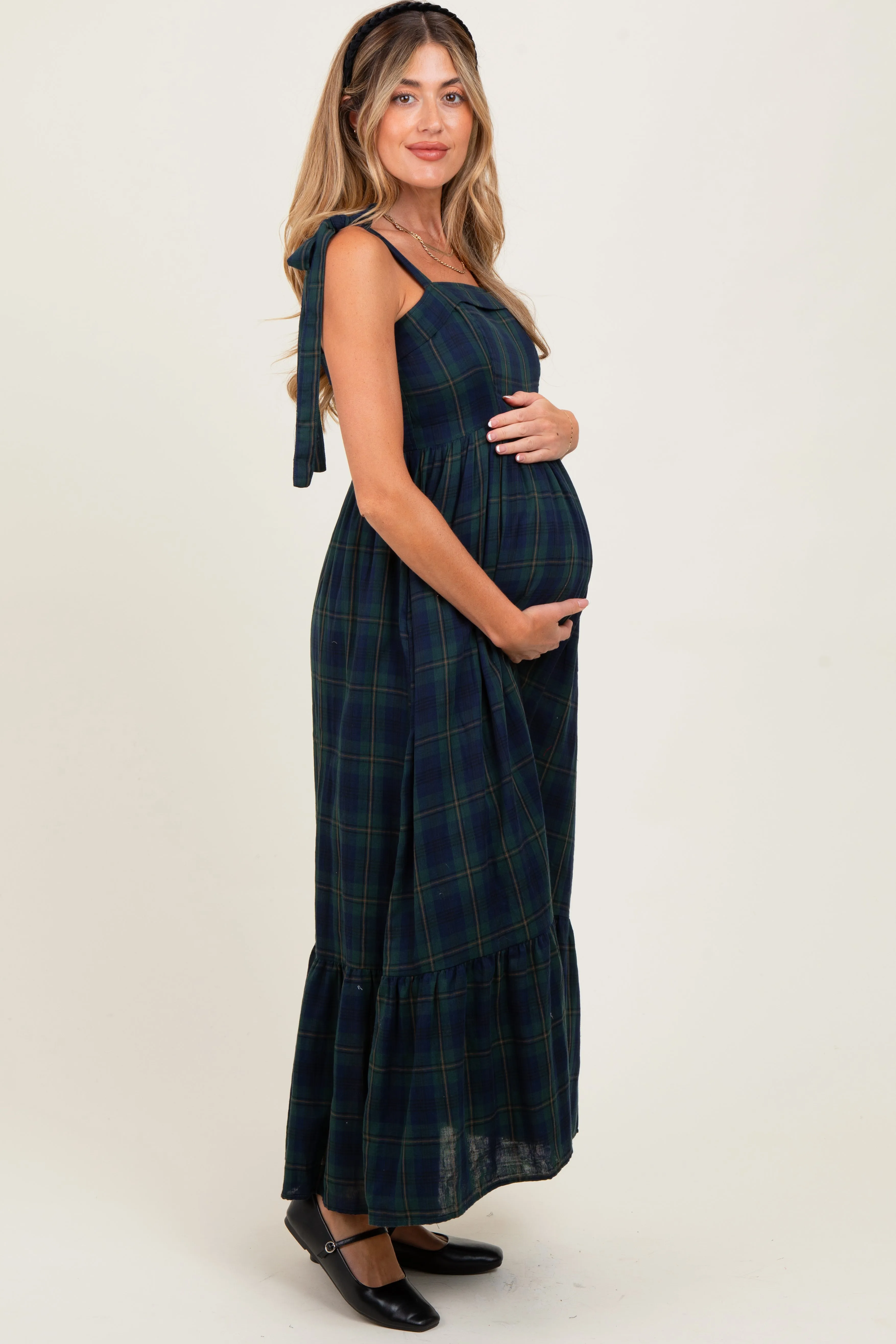 Hunter Green Plaid Sleeveless Cotton Maternity Maxi Dress sold by Pinkblush product image thumbnail 3