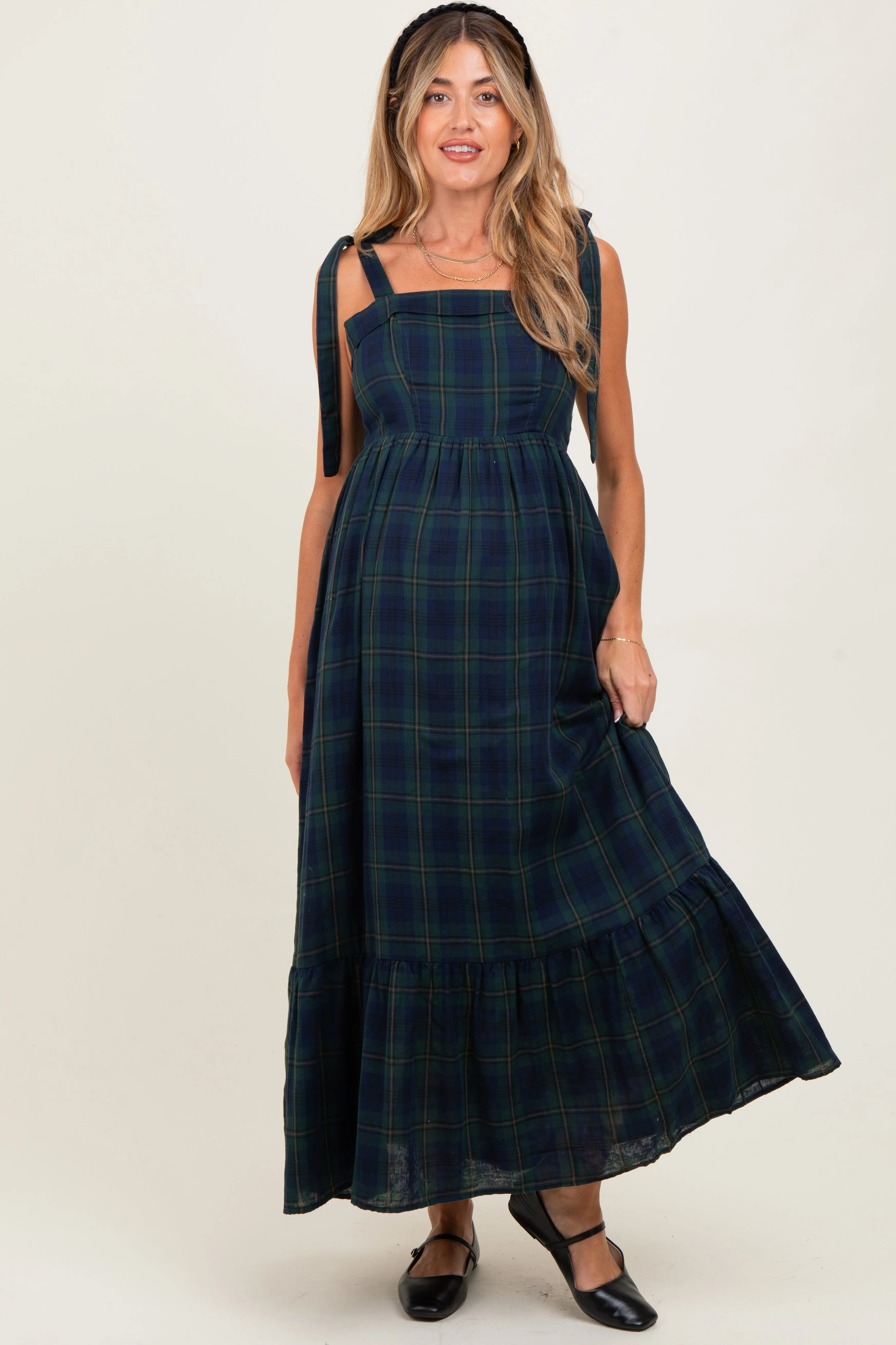 Hunter Green Plaid Sleeveless Cotton Maternity Maxi Dress sold by Pinkblush