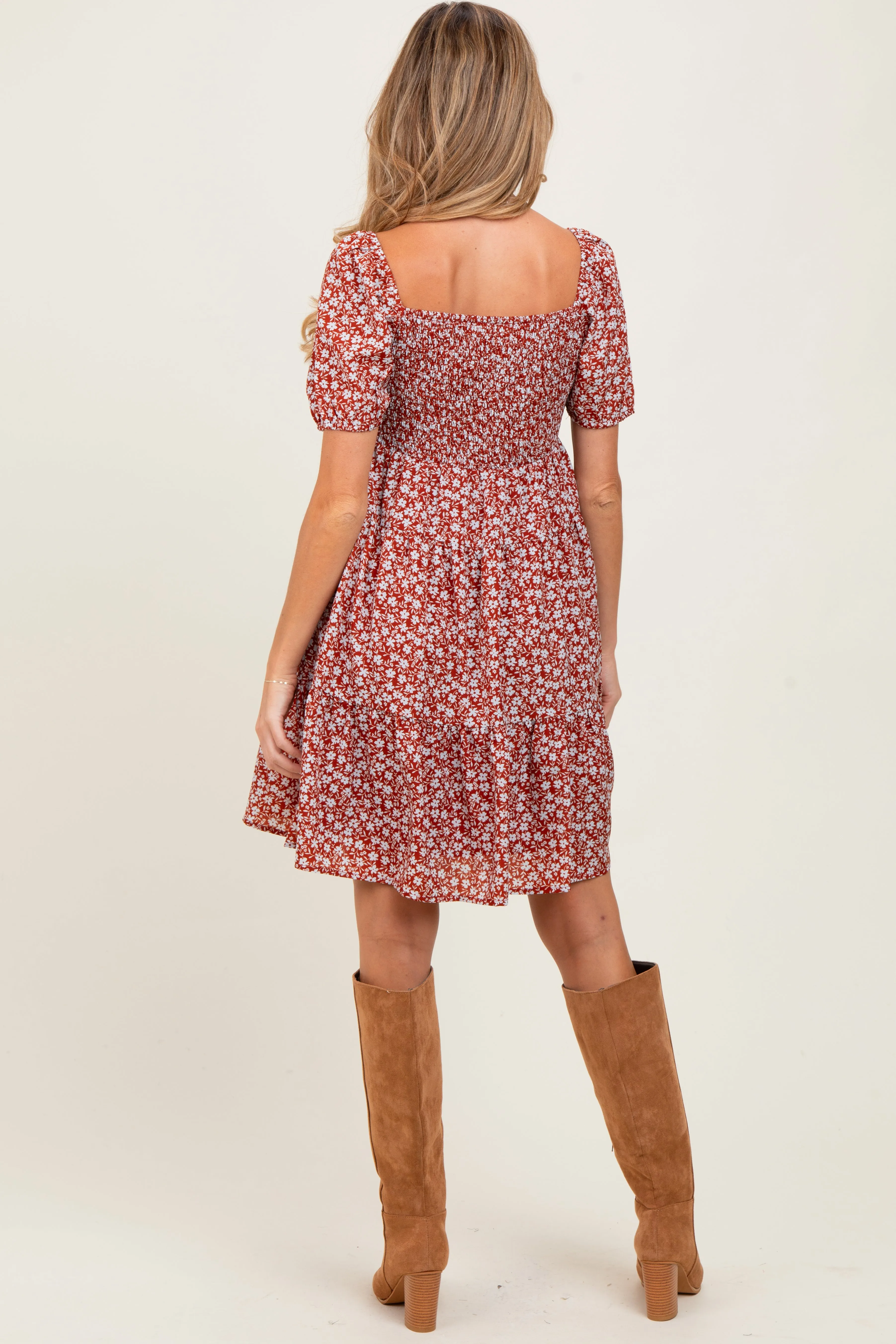 Rust Floral Tiered V-Neck Maternity Mini Dress sold by Pinkblush product image thumbnail 3