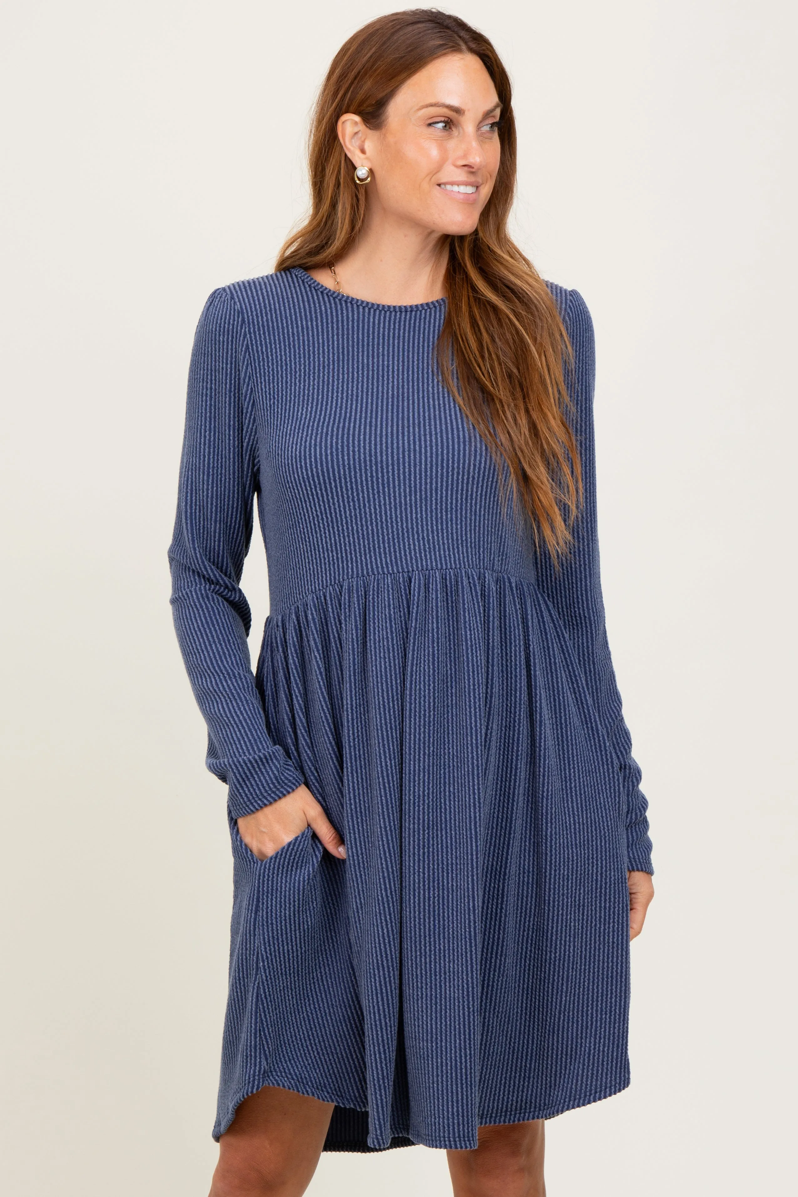 Navy Textured Rib Long Sleeve Maternity Dress sold by Pinkblush product image thumbnail 4