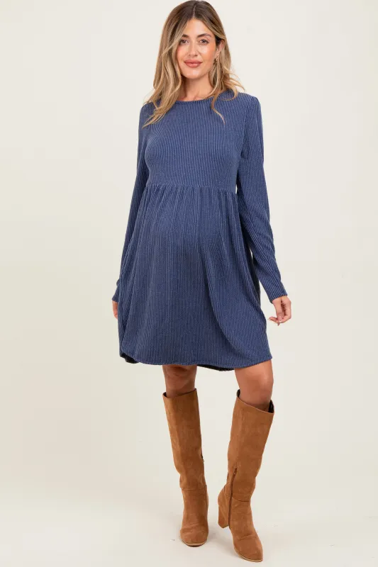 Navy Textured Rib Long Sleeve Maternity Dress sold by Pinkblush