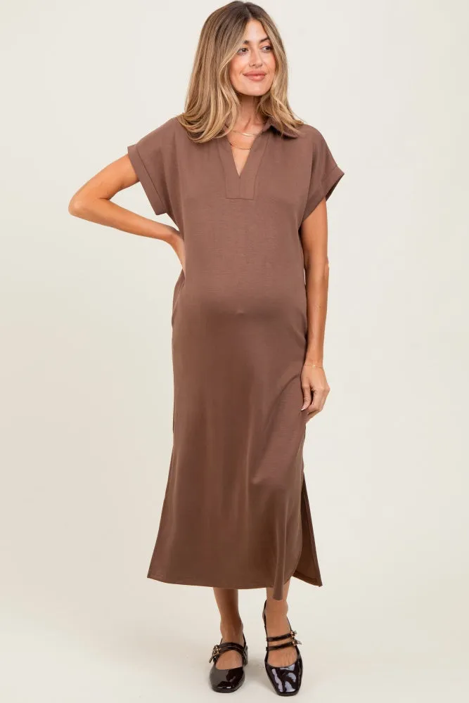 Mocha Collared Short Sleeve Maternity Midi Dress sold by Pinkblush