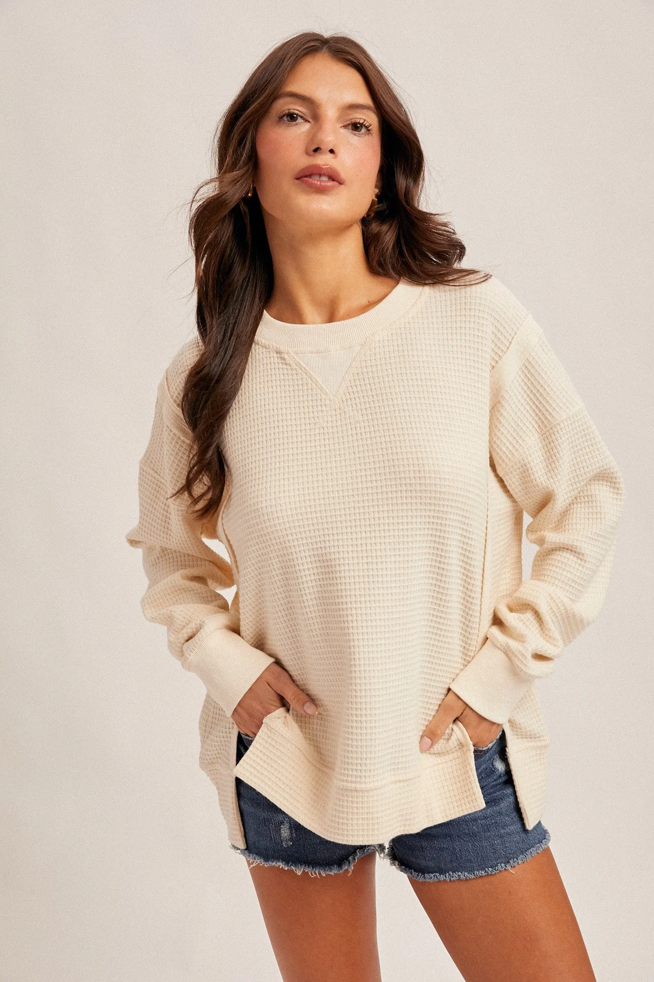 Cream Oversized Contrast Trim Thermal Pullover sold by Pinkblush
