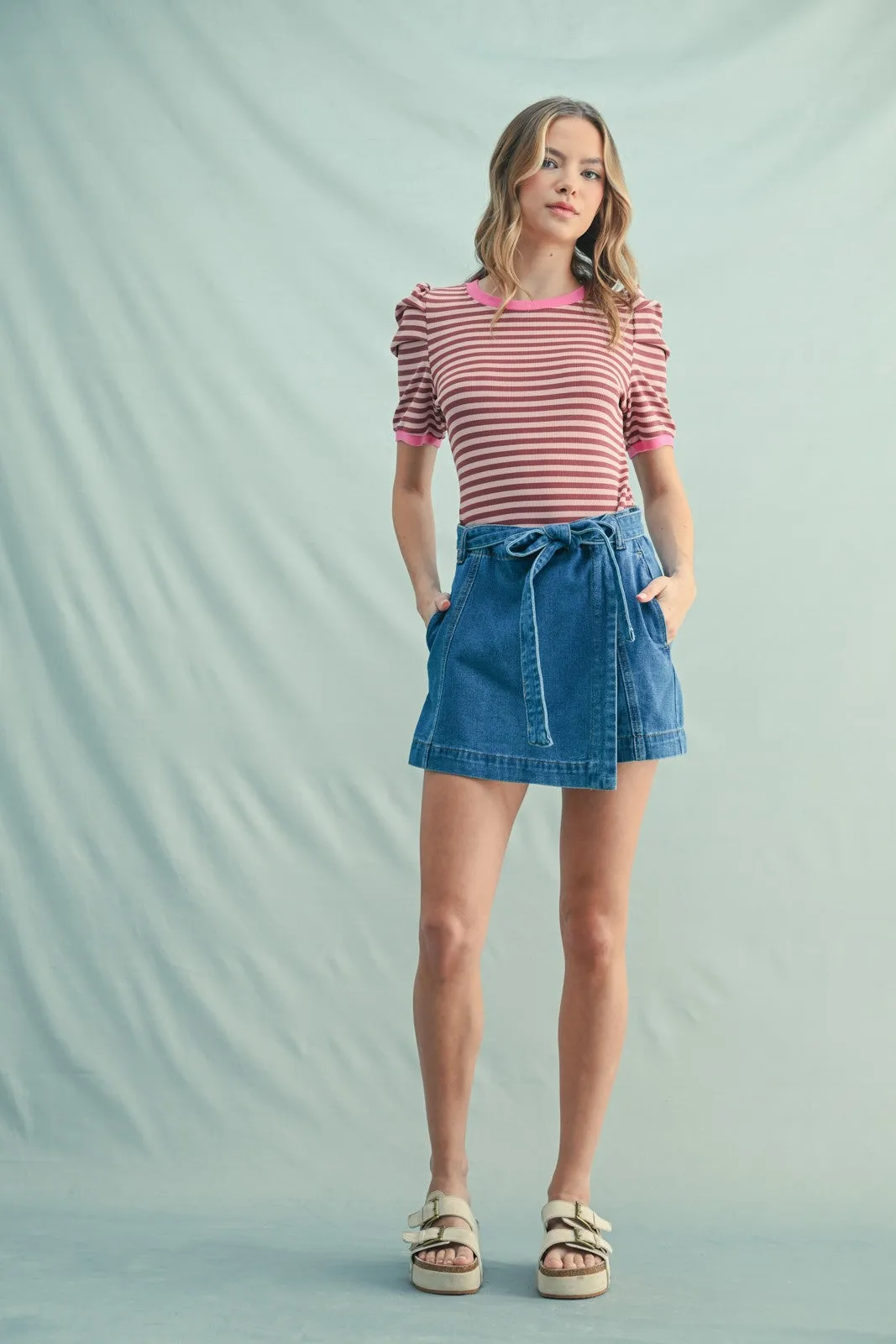 Burgundy Striped Ribbed Puff Sleeve Top sold by Pinkblush product image thumbnail 4