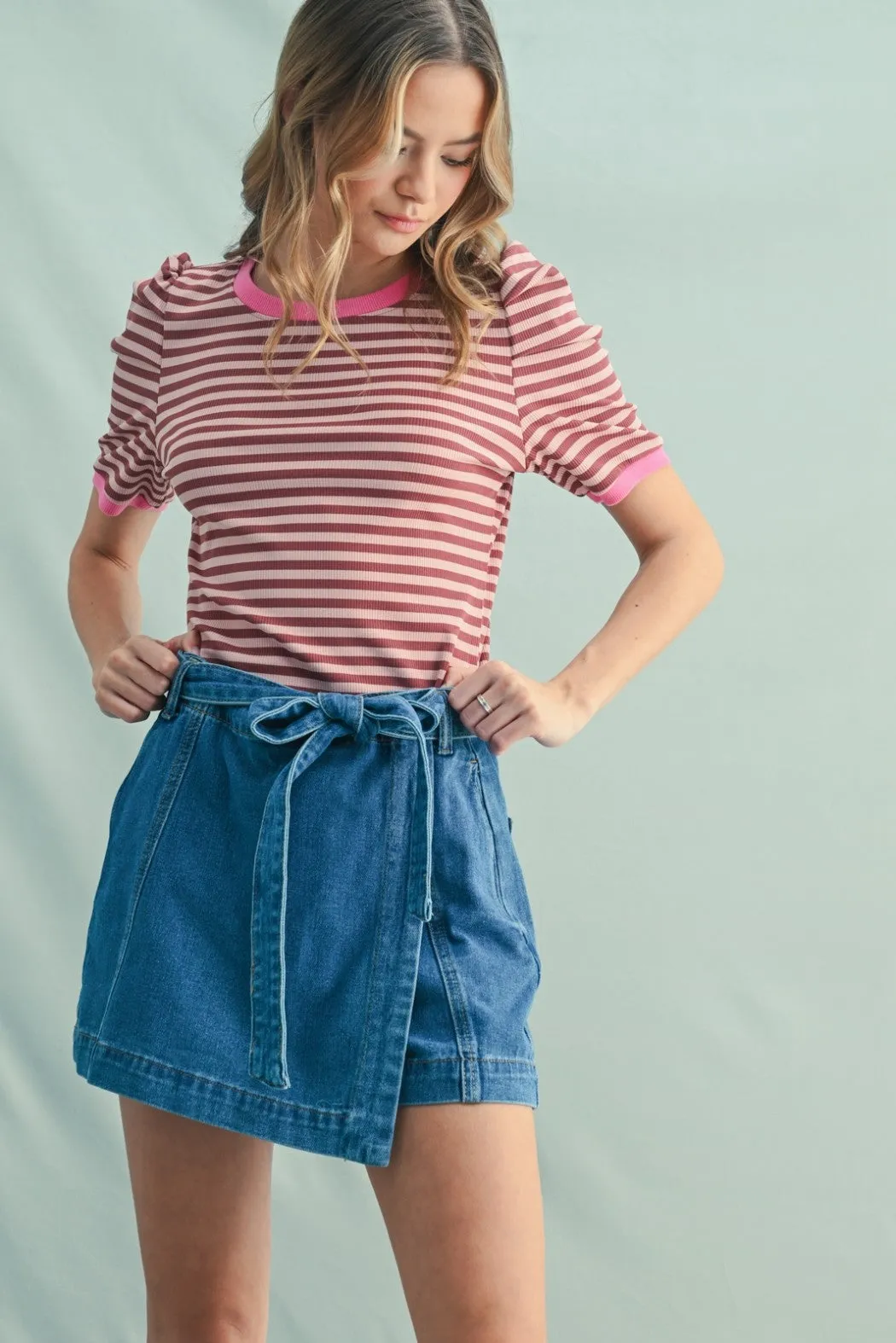 Burgundy Striped Ribbed Puff Sleeve Top sold by Pinkblush