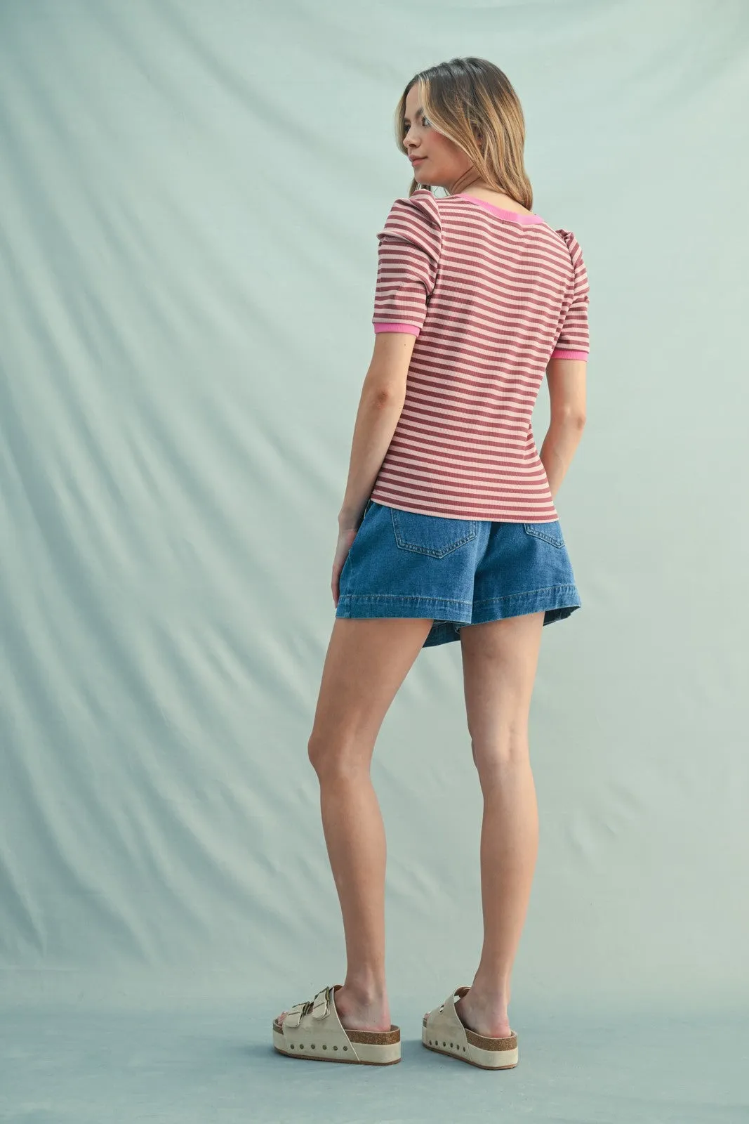 Burgundy Striped Ribbed Puff Sleeve Top sold by Pinkblush product image thumbnail 3