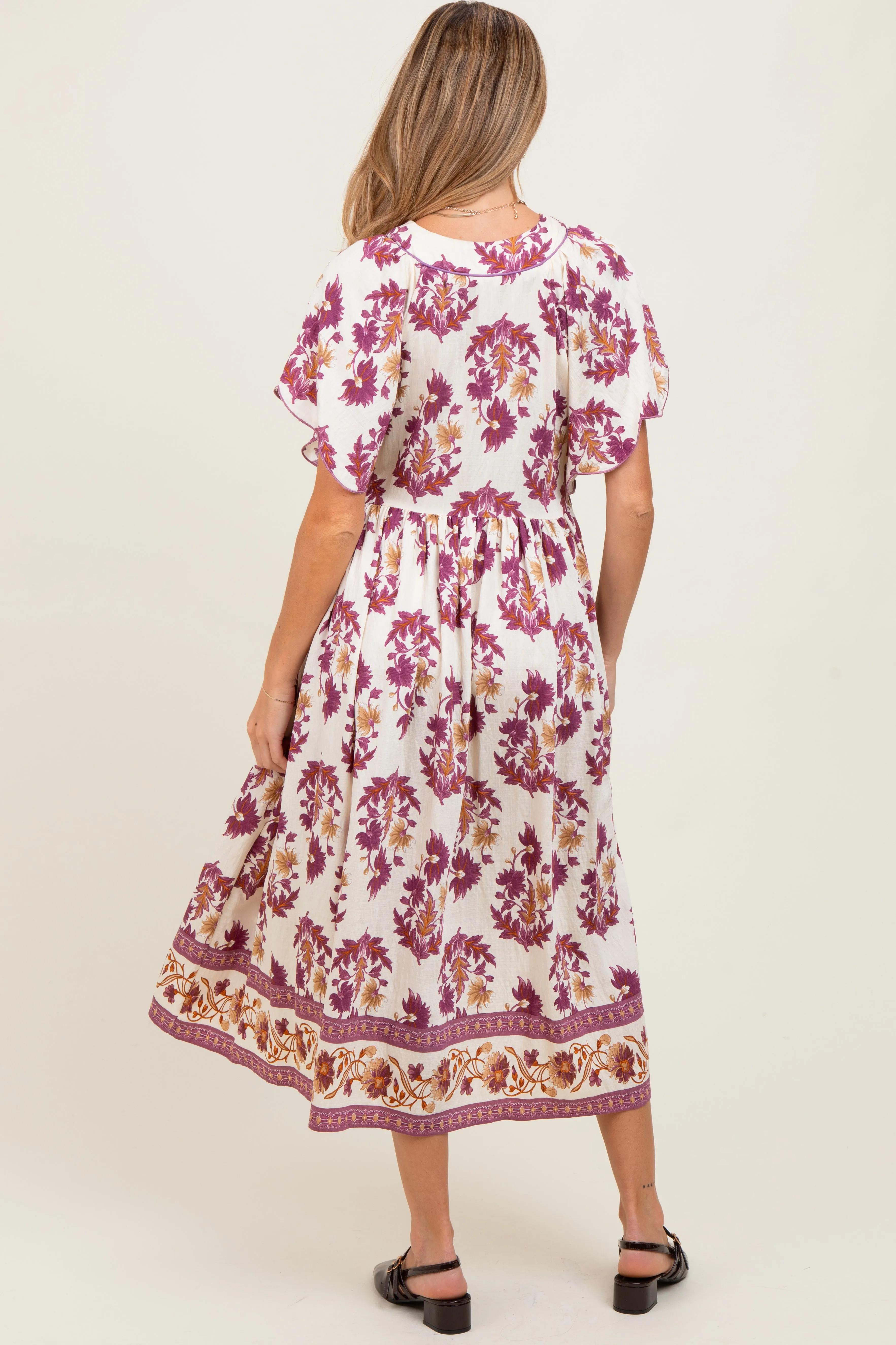 Plum Floral V-Neck Button Detail Maternity Mid Dress sold by Pinkblush product image thumbnail 4